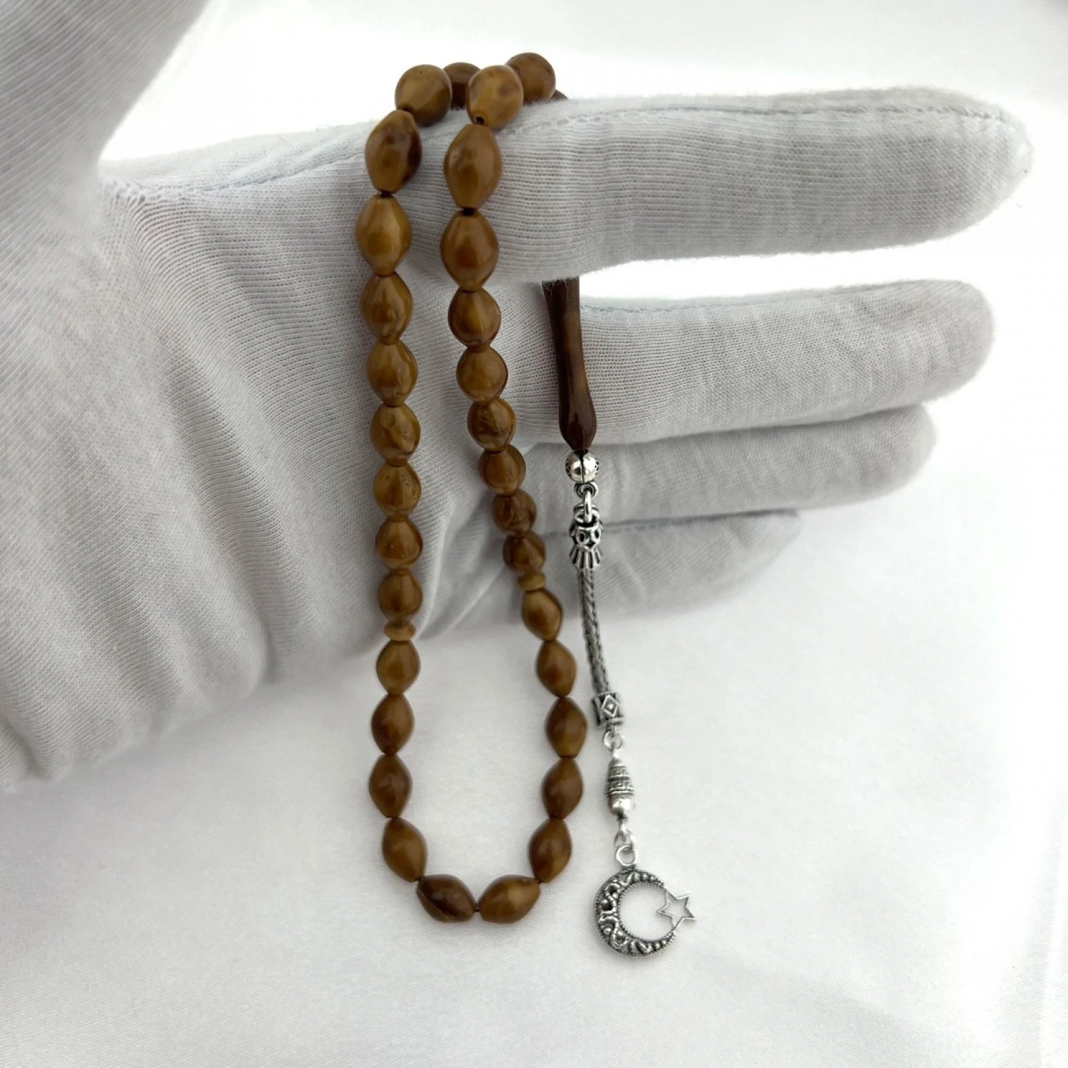 925 AYAR GÜMÜŞ ARPA KESİM TEKLİ KALIN TİLKİ KUYRUĞU AY YILDIZ PÜSKÜL ÖZEL TASARIM KUKA TESBİH