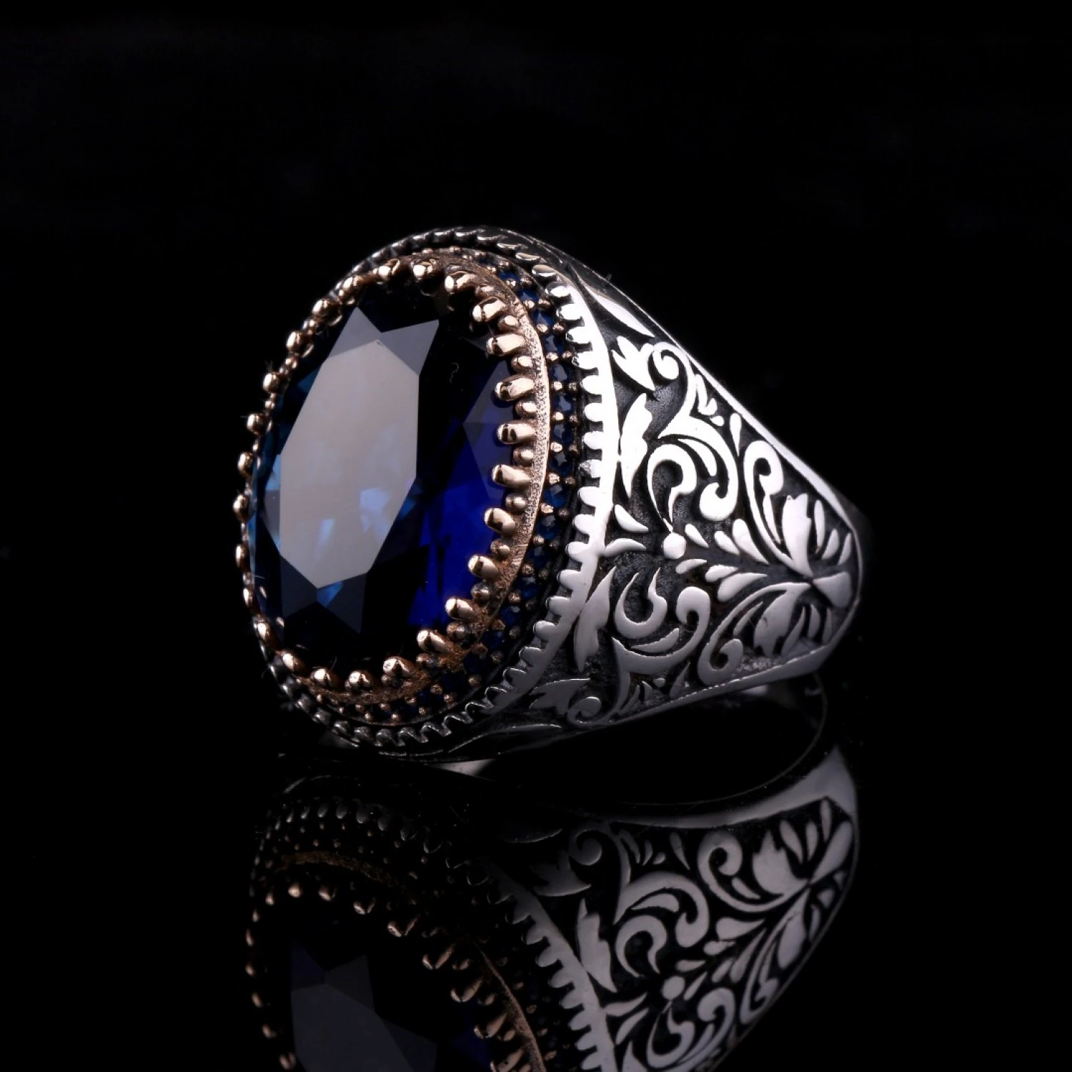 925 AYAR MAVİ TAŞLI SARMAŞIK DESENLİ YÜZÜK