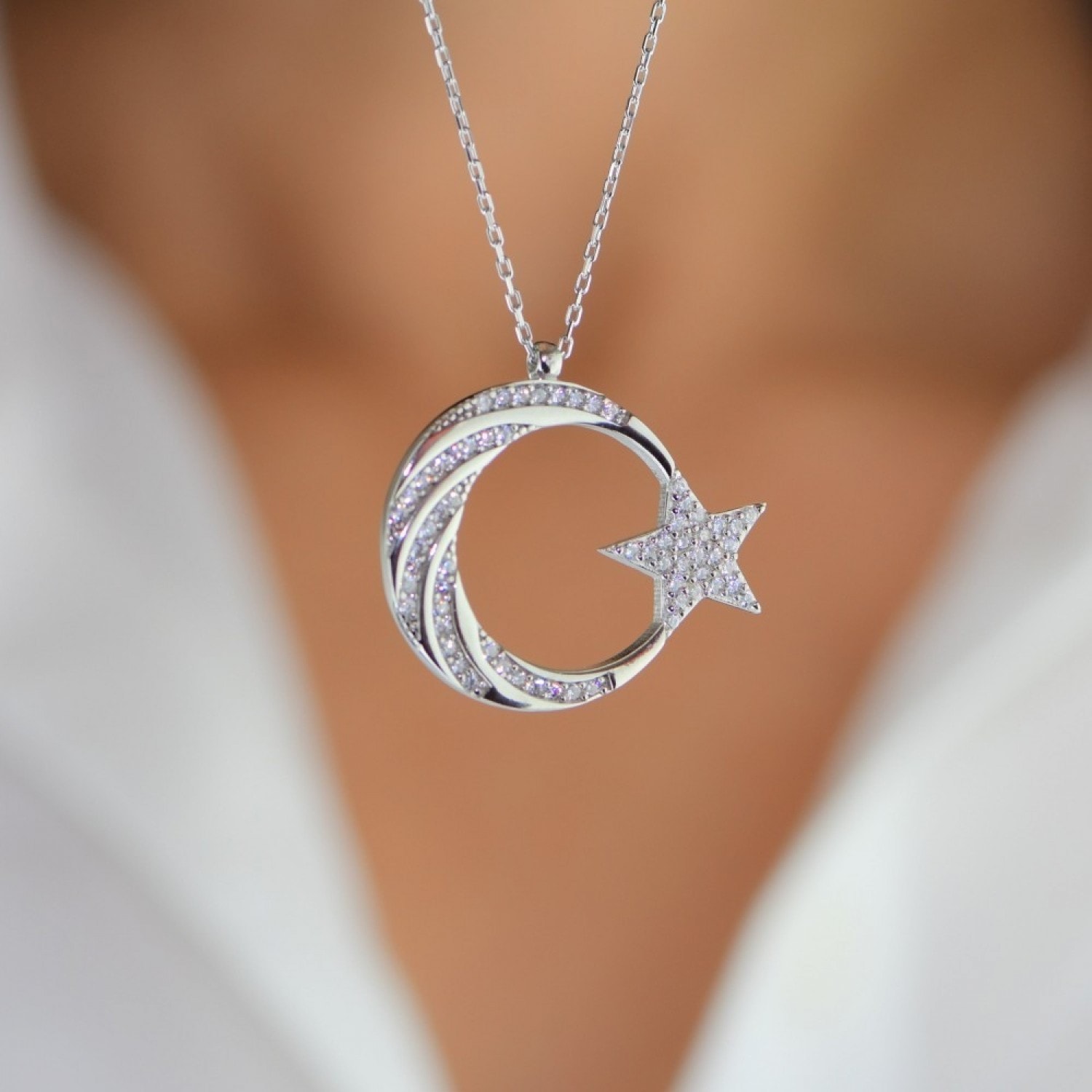 925 AYAR TAŞLI AY YILDIZ TASARIM KADIN KOLYE