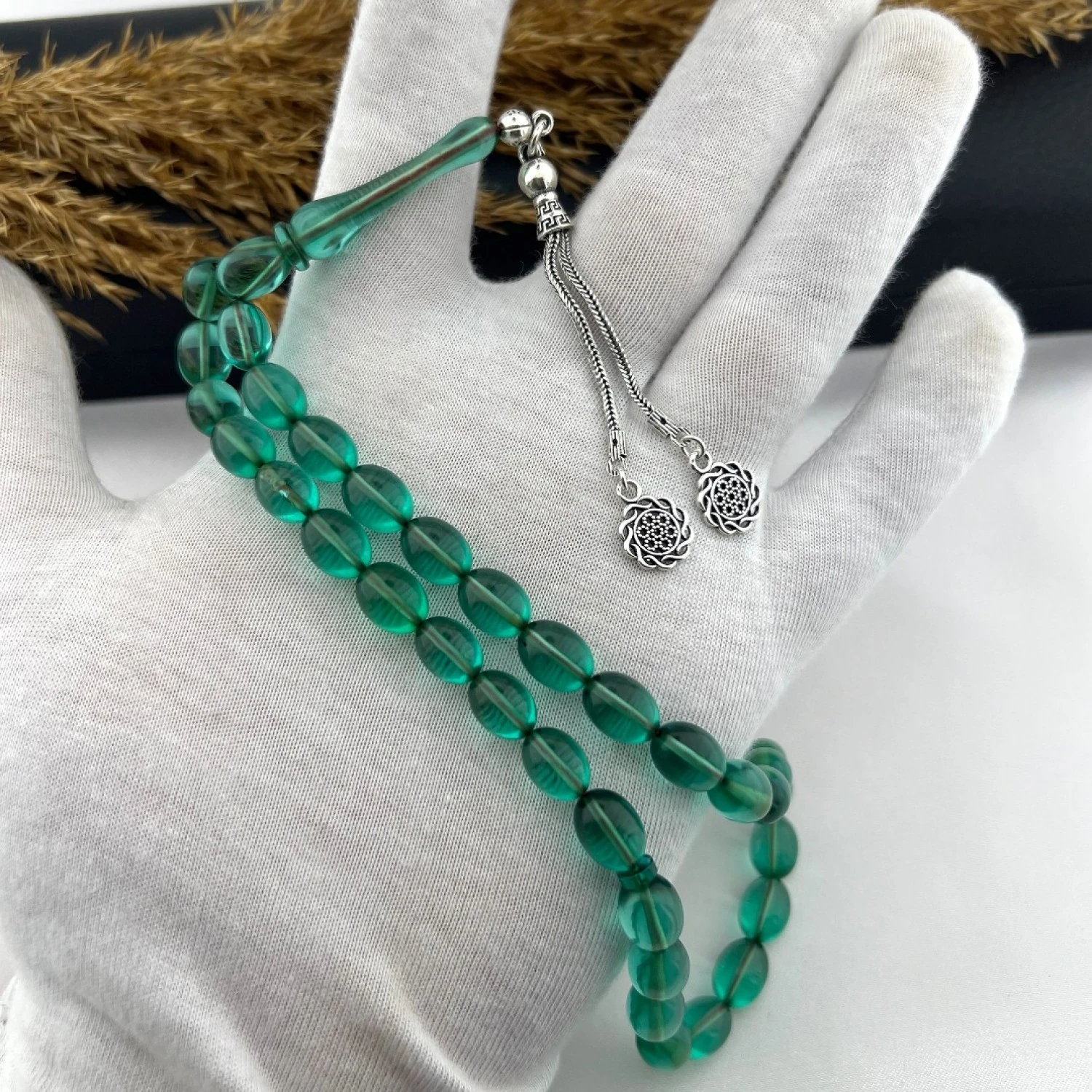 925 AYAR GÜMÜŞ ARPA KESİM ÖZEL EL İŞÇİLİĞİ TİLKİ KUYRUĞU İKİLİ PÜSKÜL TASARIM SU YEŞİLİ ATEŞ KEHRİBAR TESBİH