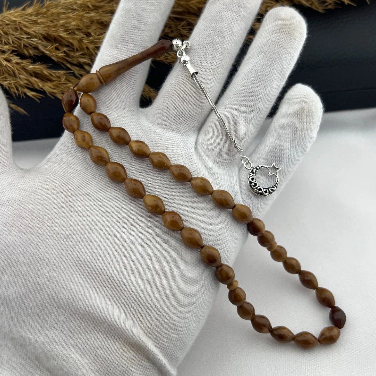 925 AYAR GÜMÜŞ AY YILDIZ TASARIM TEKLİ TİLKİ KUYRUĞU PÜSKÜL ARPA KESİM KUKA TESBİH