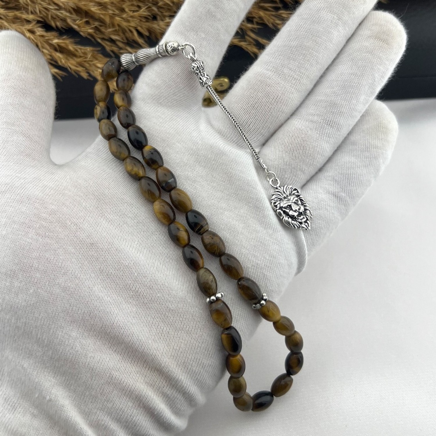 925 AYAR GÜMÜŞ ARPA KESİM KAPLANGÖZÜ ASLAN TASARIM TEKLİ TİLKİ KUYRUĞU PÜSKÜL TESBİH
