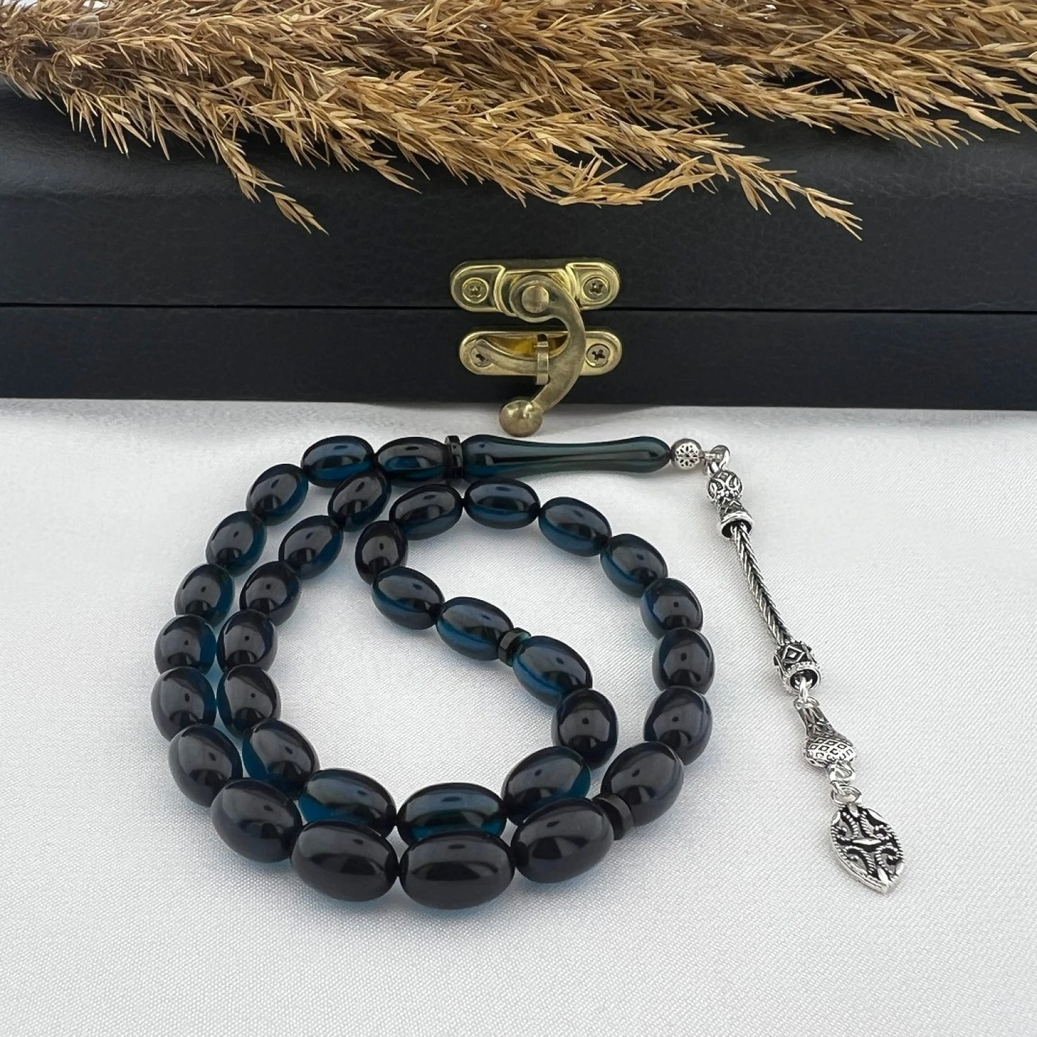 925 AYAR GÜMÜŞ ARPA KESİM KALIN TİLKİ KUYRUĞU ÖZEL TASARIM PÜSKÜL MAVİ ATEŞ KEHRİBAR TESBİH