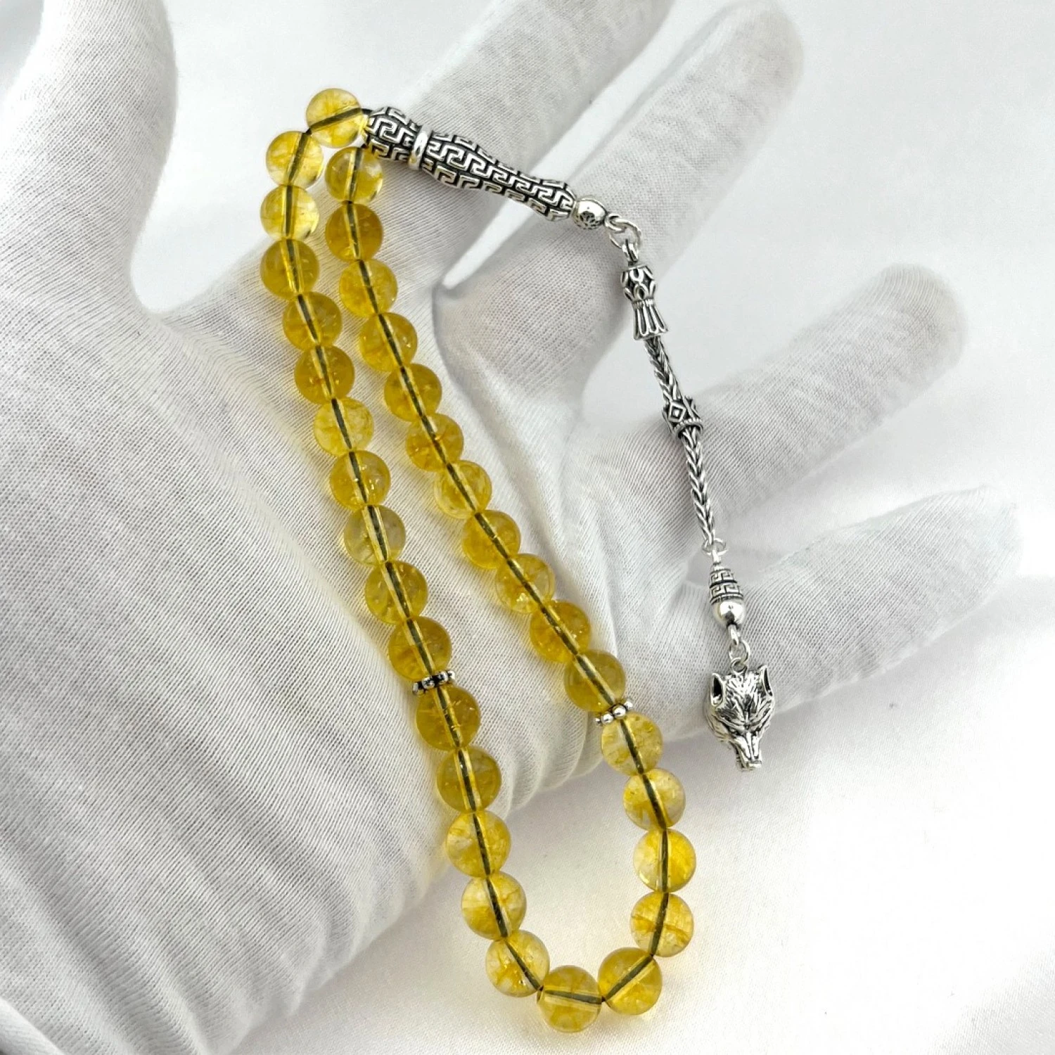 925 AYAR GÜMÜŞ SARI SİTRİN TAŞI ÖZEL TASARIM KURT PÜSKÜL TESBİH