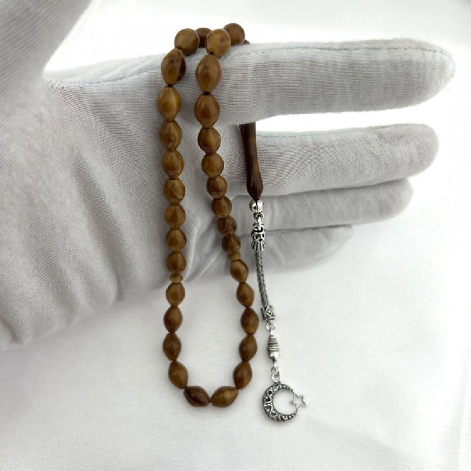 925 AYAR GÜMÜŞ AY YILDIZ TASARIM TEKLİ TİLKİ KUYRUĞU PÜSKÜL ARPA KESİM KUKA TESBİH