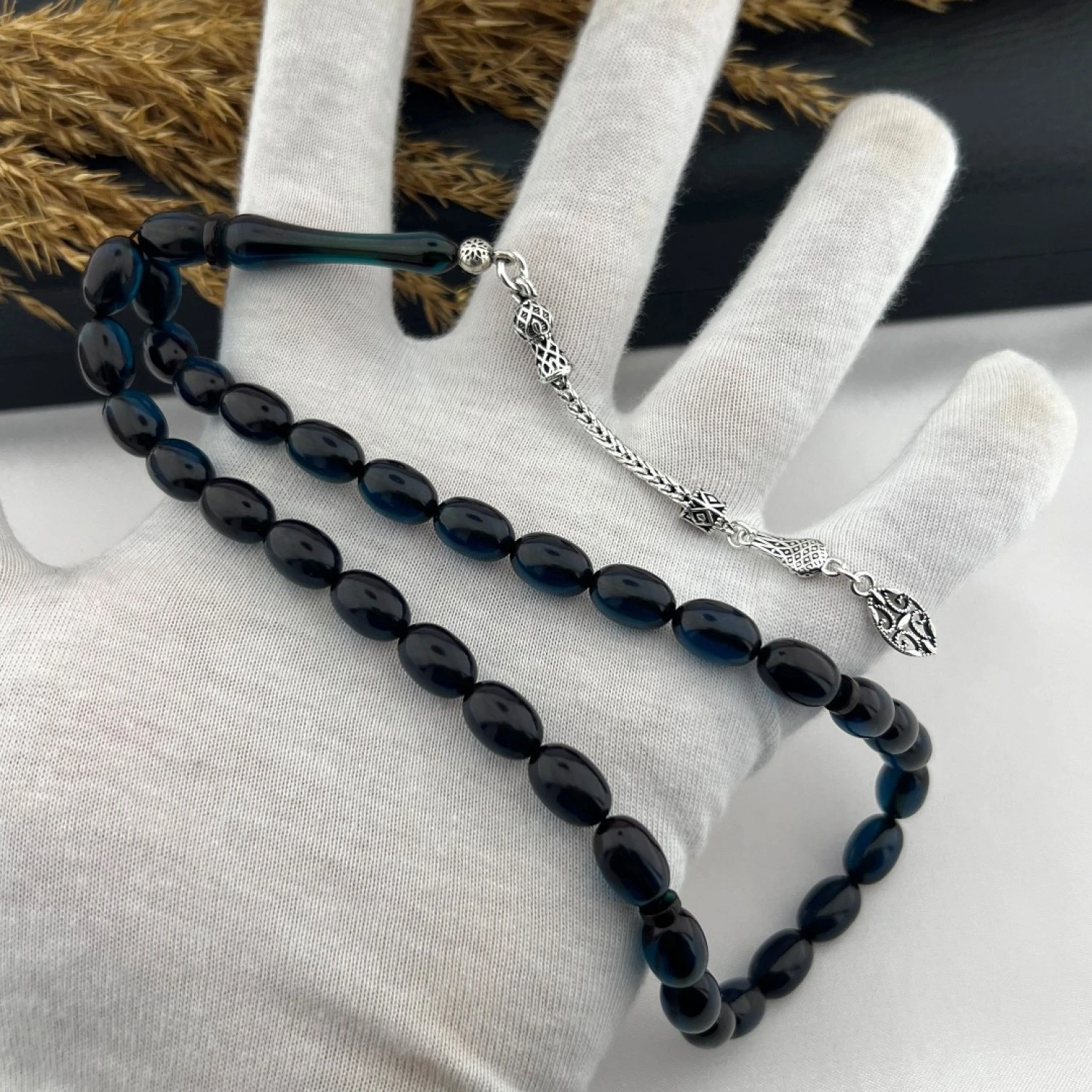 925 AYAR GÜMÜŞ ARPA KESİM KALIN TİLKİ KUYRUĞU ÖZEL TASARIM PÜSKÜL MAVİ ATEŞ KEHRİBAR TESBİH