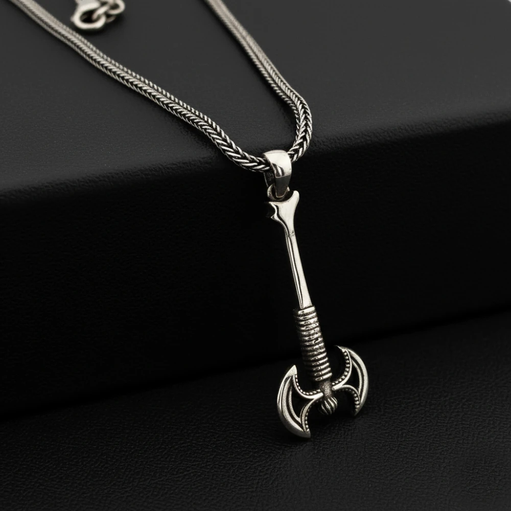 925 Ayar Gümüş Çift Ağızlı Savaş Baltası Erkek Kolye