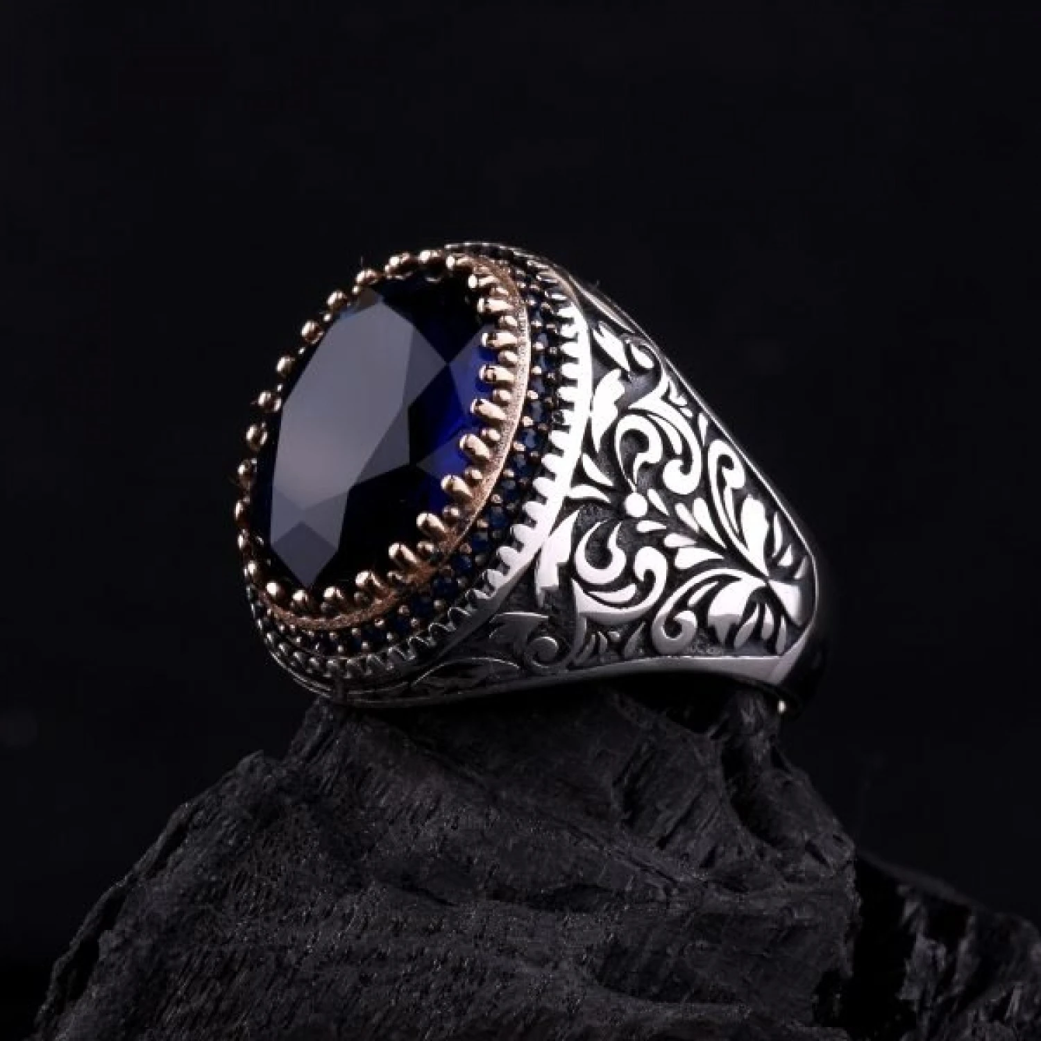 925 AYAR MAVİ TAŞLI SARMAŞIK DESENLİ YÜZÜK