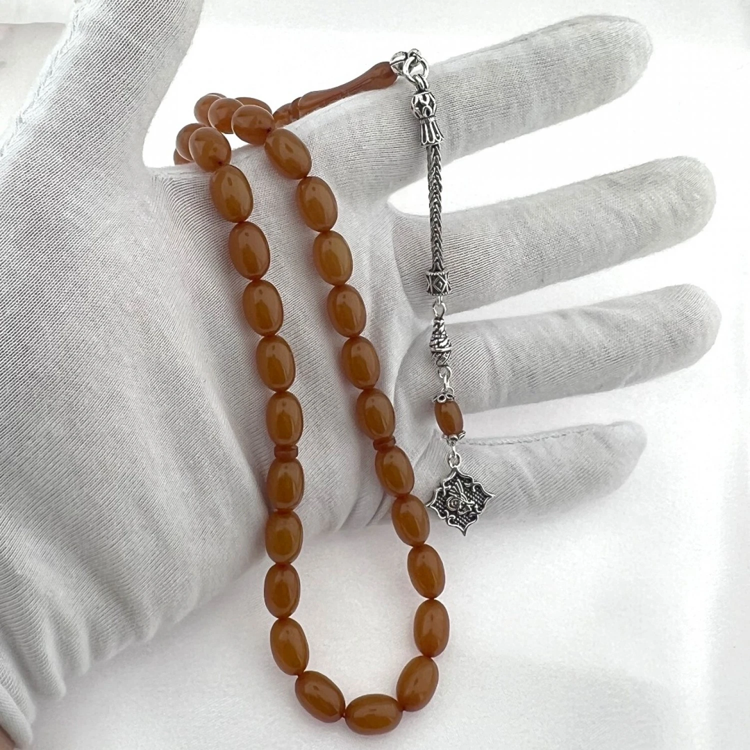 925 AYAR GÜMÜŞ ARPA KESİM BAL RENGİ OSMANLI TUĞRASI TEKLİ PÜSKÜL ATEŞ KEHRİBAR TESBİH