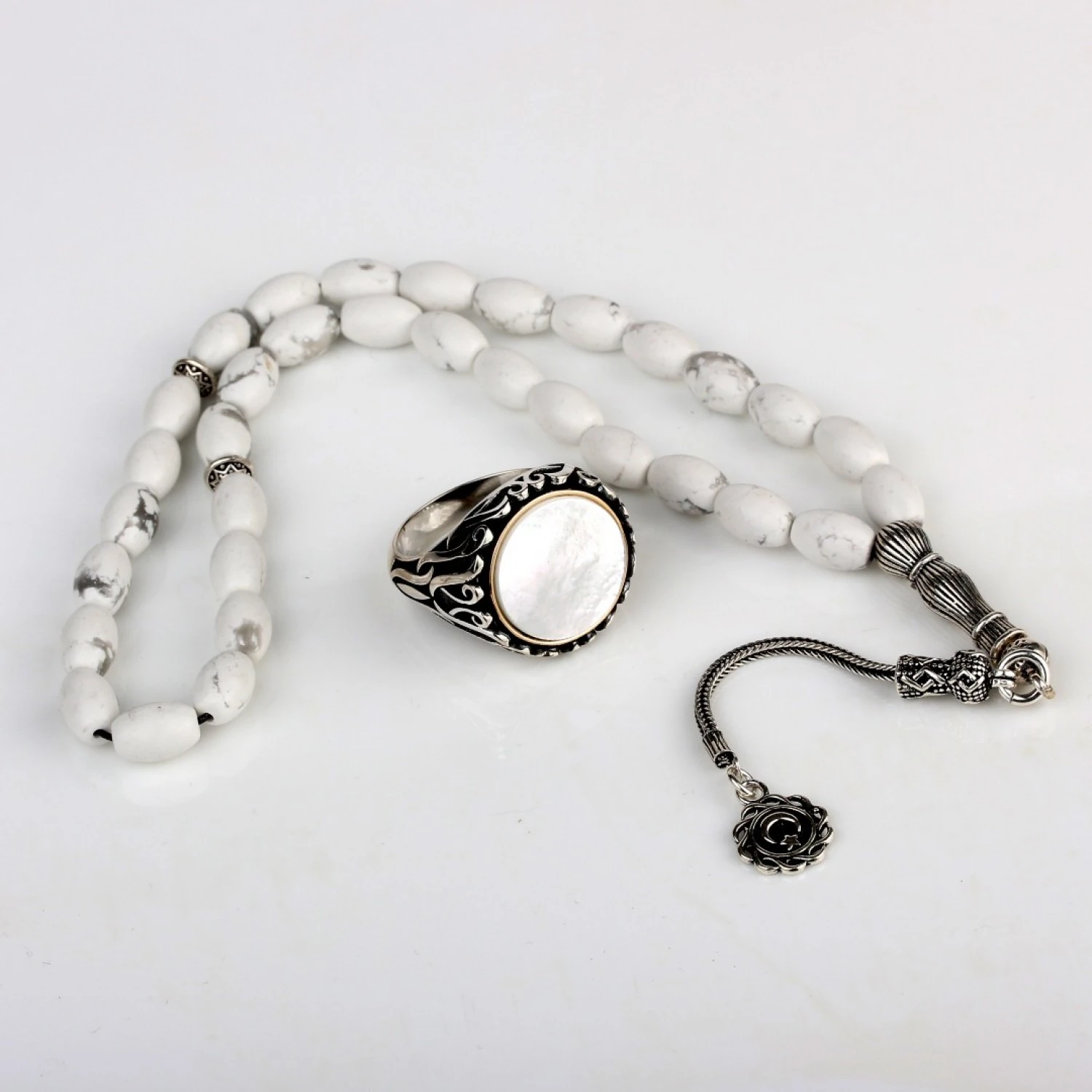 925 Ayar Gümüş Havlit Taşlı Erkek Yüzük Ve Tesbih Kombin