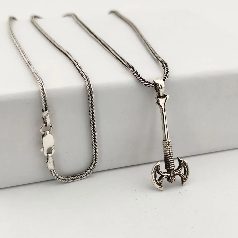 925 Ayar Gümüş Çift Ağızlı Savaş Baltası Erkek Kolye