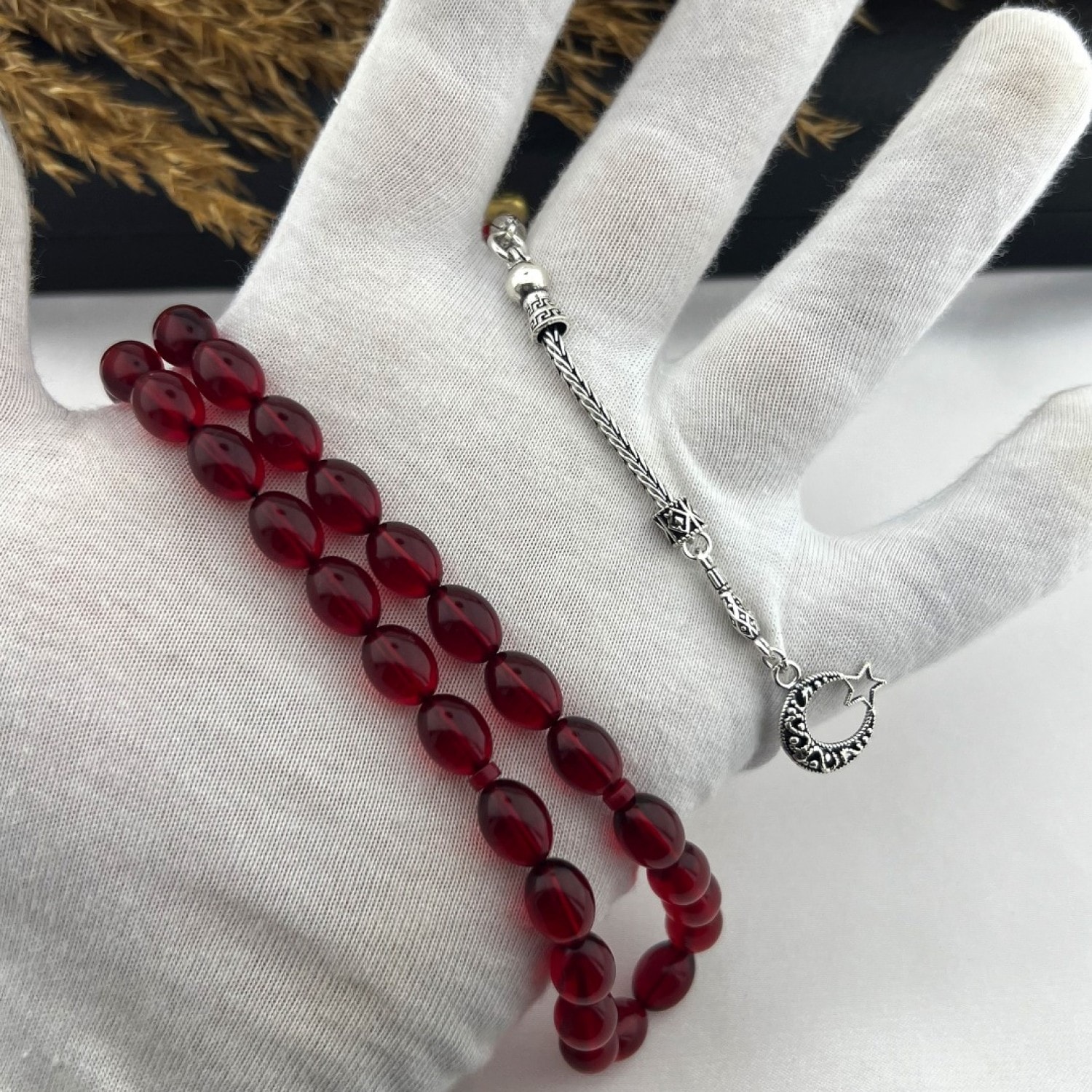 925 AYAR GÜMÜŞ ARPA KESİM AY YILDIZ TASARIM TEKLİ KALIN TİLKİ KUYRUĞU PÜSKÜL KIRMIZI ATEŞ KEHRİBAR TESBİH
