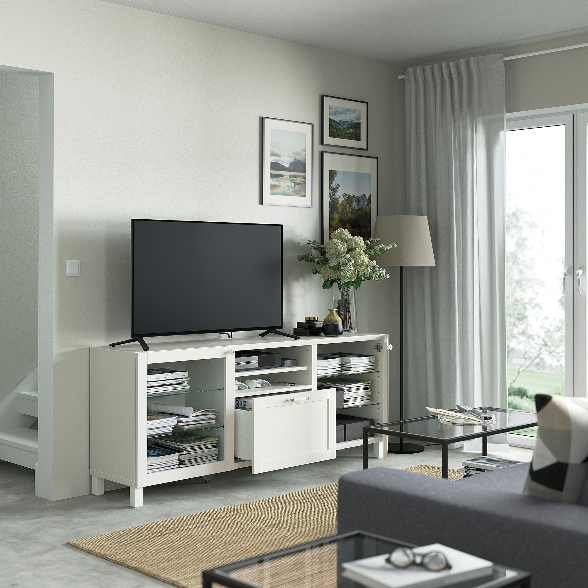Tv sehpası, beyaz-şeffaf cam, 180x40x74 cm, HANVIKEN/SINDVIK, fren raylı
