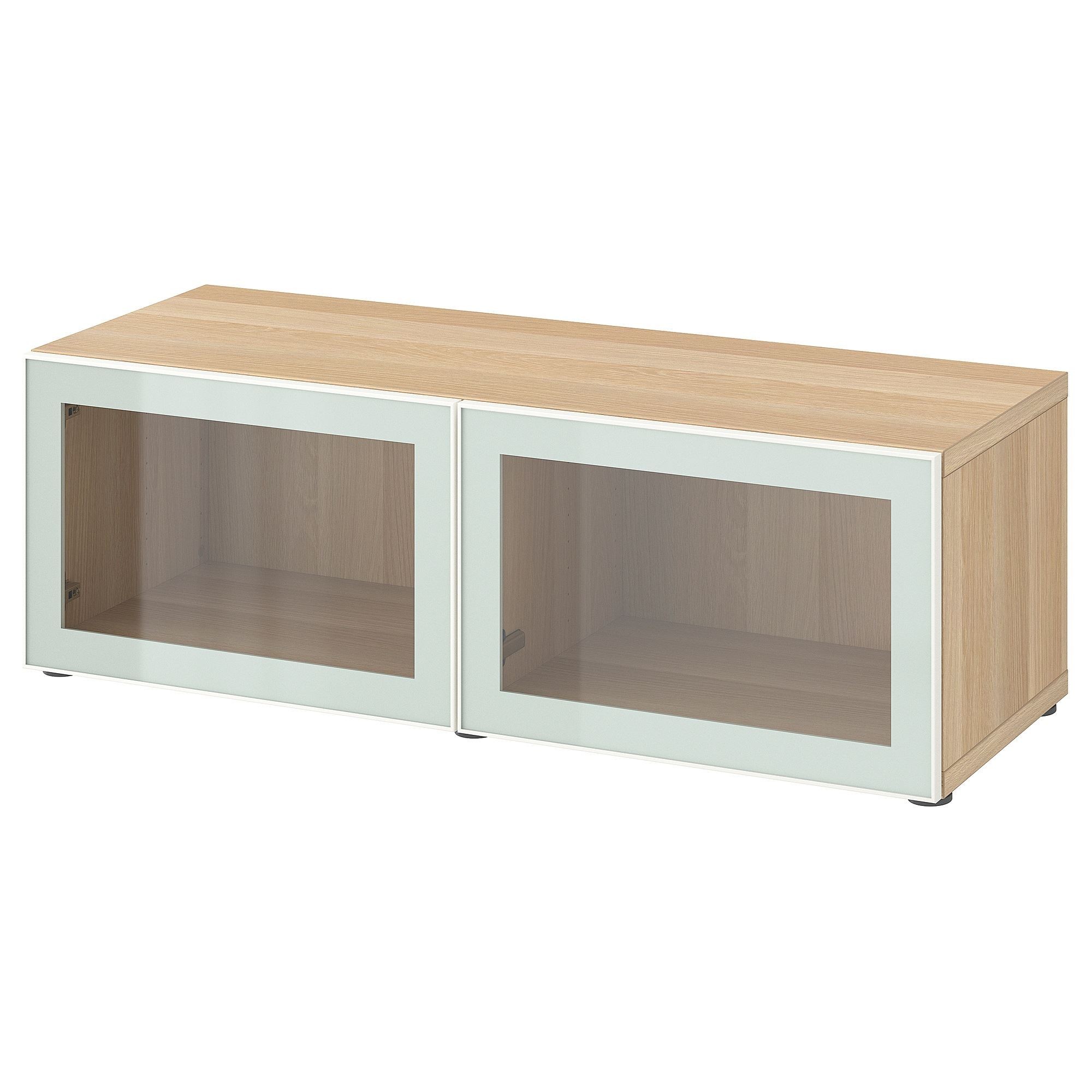 Raf ünitesi, ağartılmış meşe görünümlü-beyaz-şeffaf cam, 120x42x38 cm, GLASSVIK