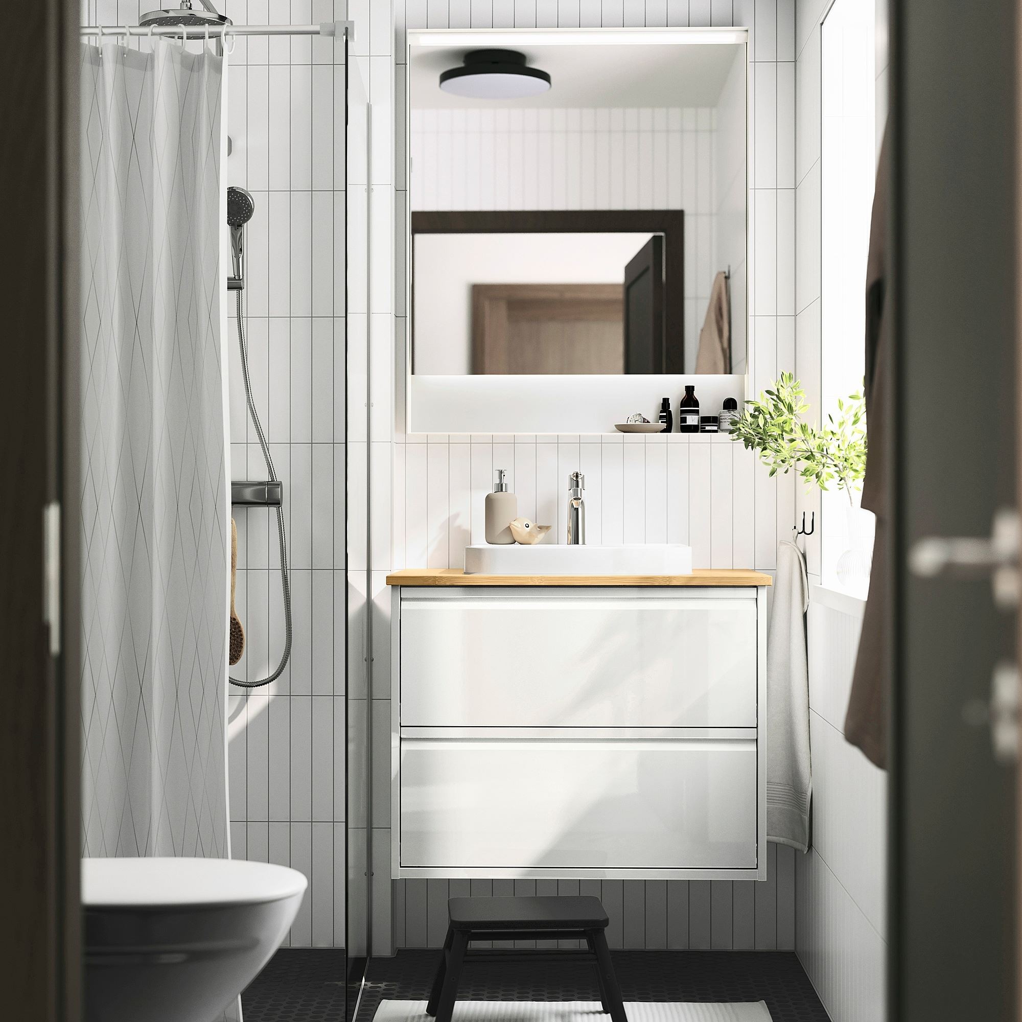 Lavabo dolabı kombinasyonu, parlak cila beyaz-bambu, 82x49x71 cm, BROGRUND batarya