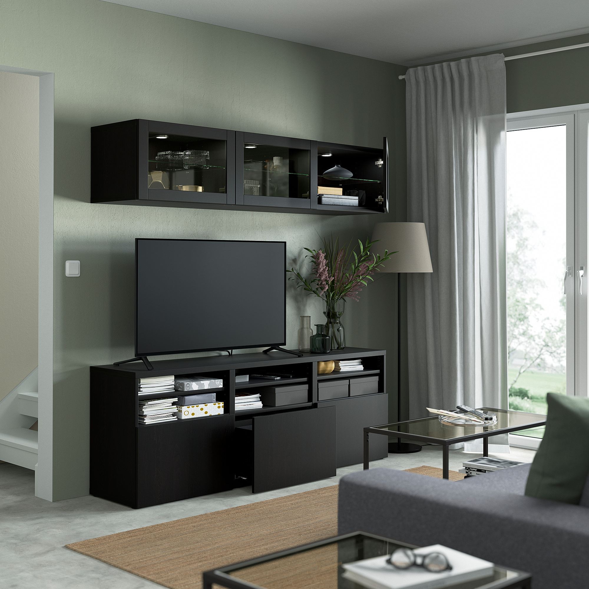 Tv ünitesi, venge-siyah-kahverengi-şeffaf cam, 180x42x192 cm, LAPPVIKEN/SINDVIK, fren raylı