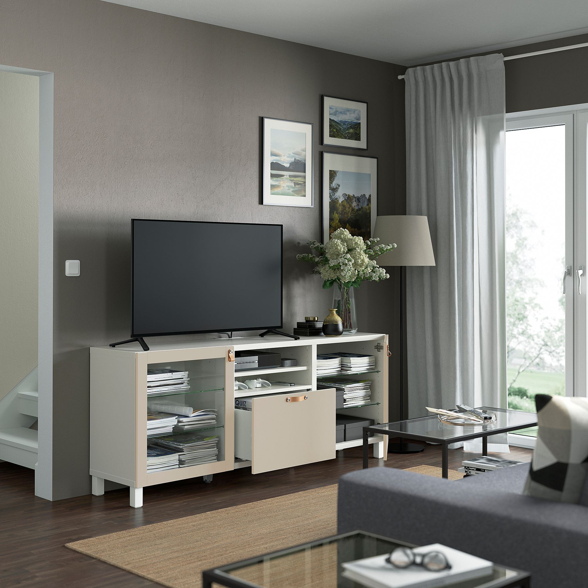 Tv sehpası, beyaz-açık gri-bej, 180x42x74 cm, LAPPVIKEN/SINDVIK, fren raylı