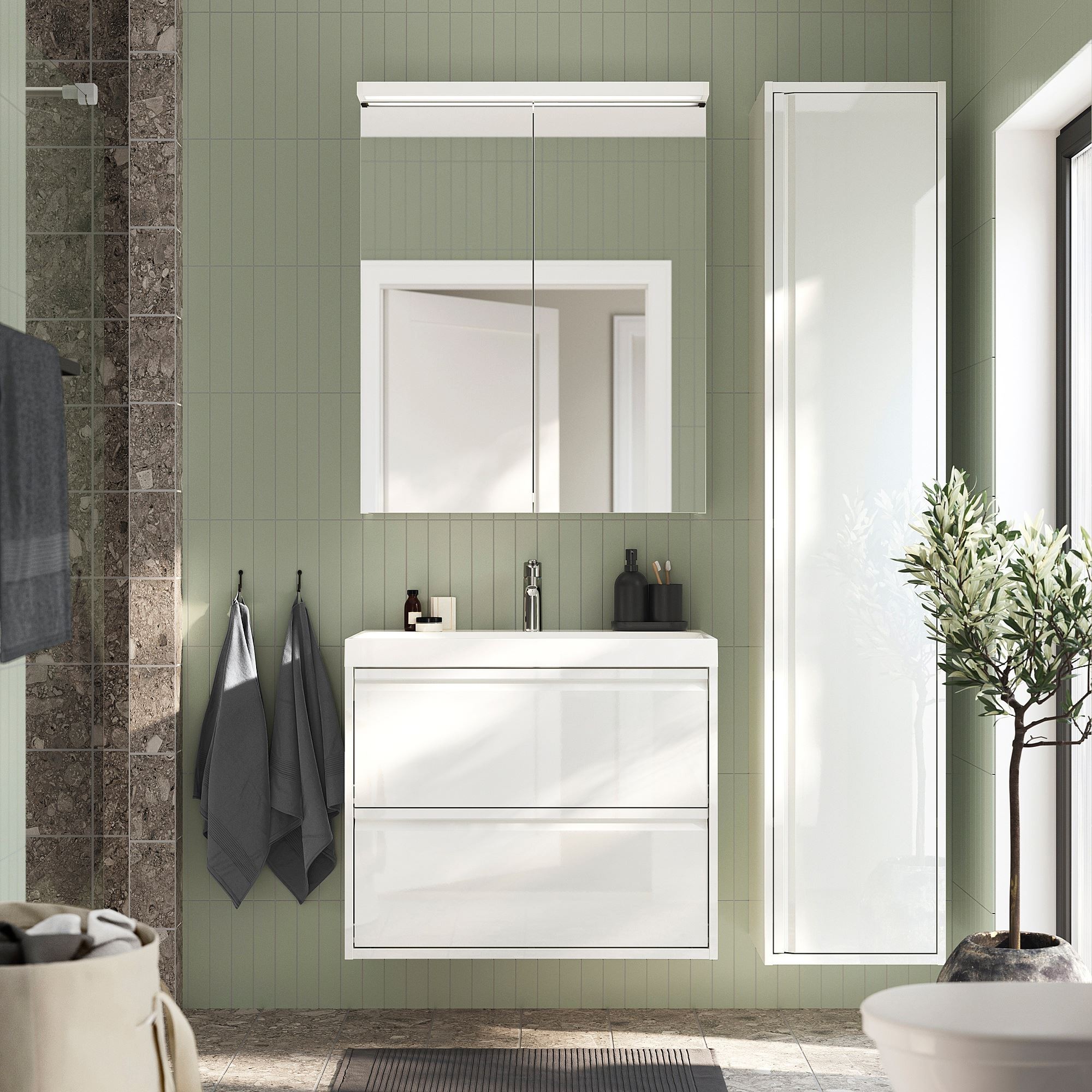 Lavabo dolabı kombinasyonu, parlak cila beyaz, 80x48x69 cm, BROGRUND batarya