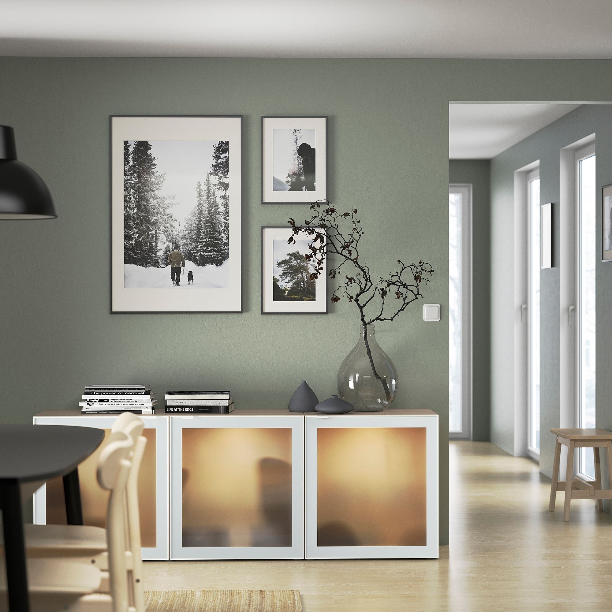 Dolap kombinasyonu, ağartılmış meşe görünümlü-beyaz-buzlu cam, 180x42x65 cm, GLASSVIK