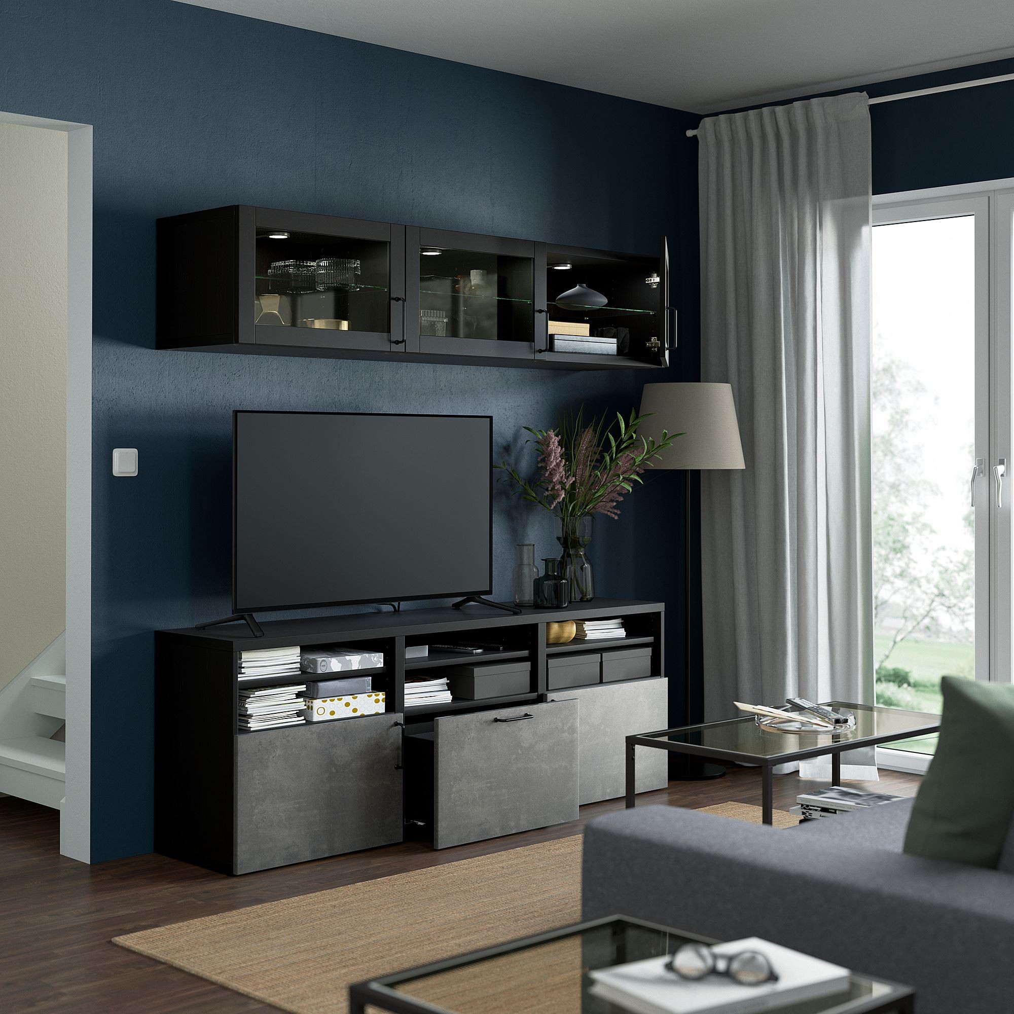Tv ünitesi, venge-koyu gri, 180x42x192 cm, KALLVIKEN/SINDVIK, çıt çıt raylı