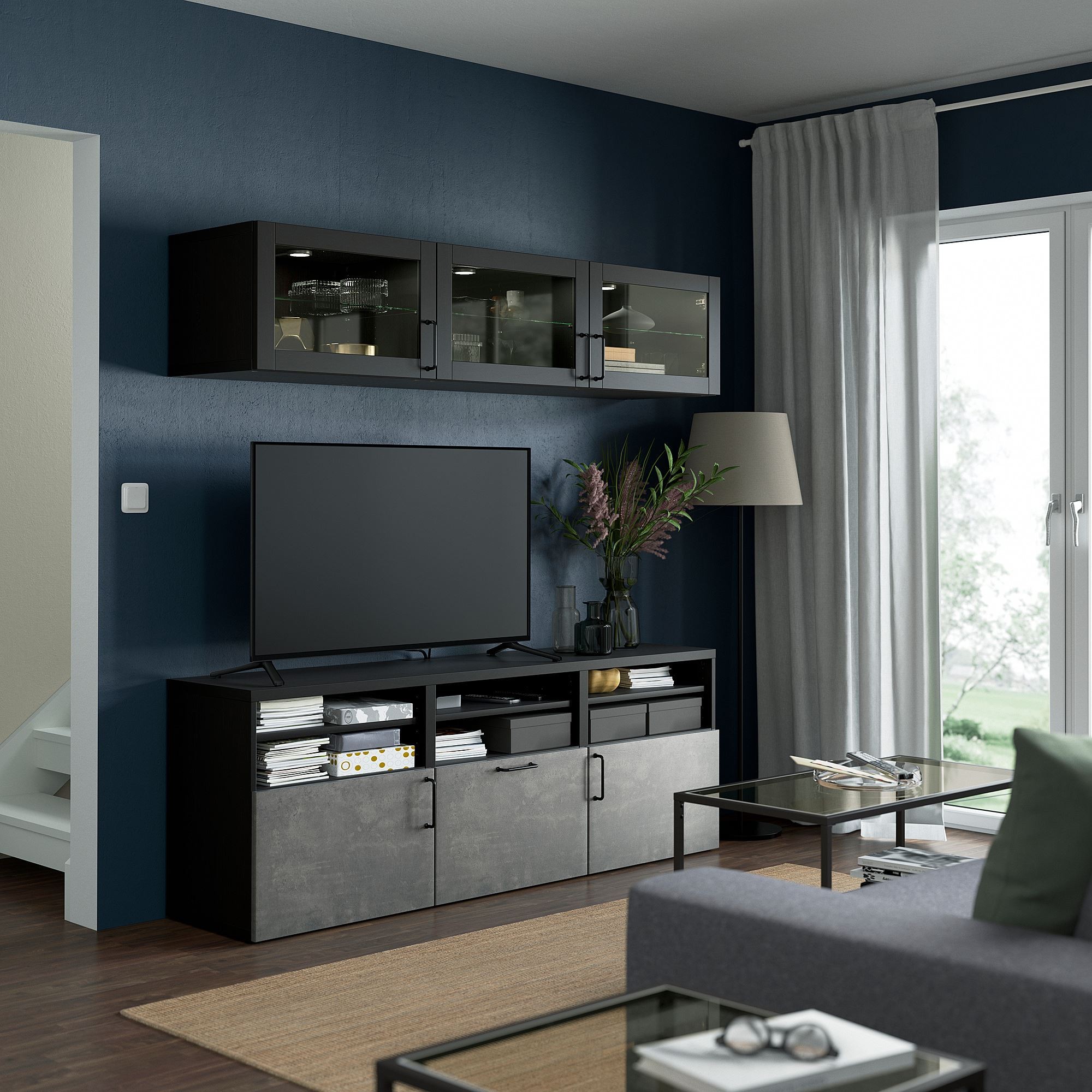 Tv ünitesi, venge-koyu gri, 180x42x192 cm, KALLVIKEN/SINDVIK, çıt çıt raylı