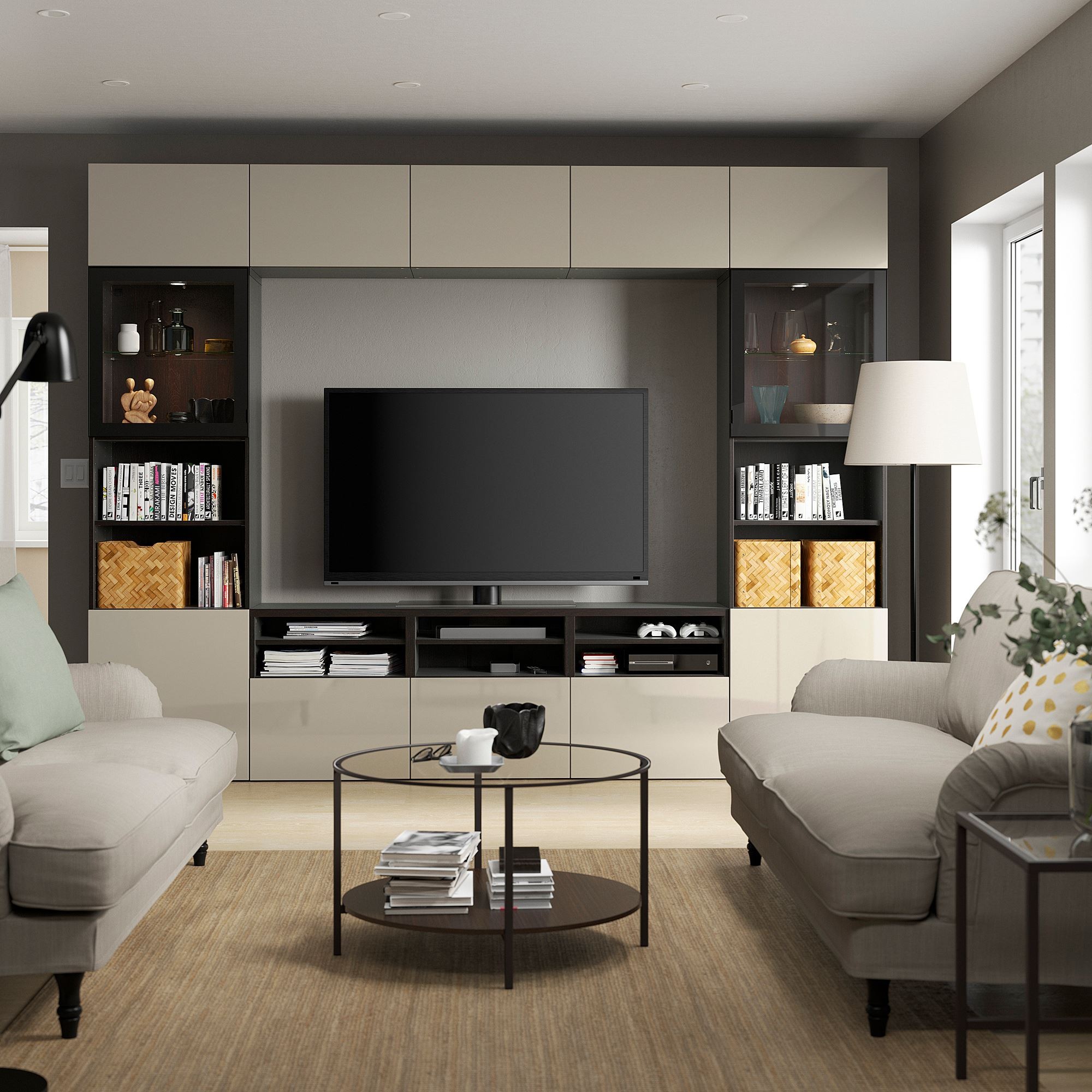 Tv ünitesi, venge-parlak cila-bej-şeffaf cam, 300x42x231 cm, SELSVIKEN/GLASSVIK, fren raylı