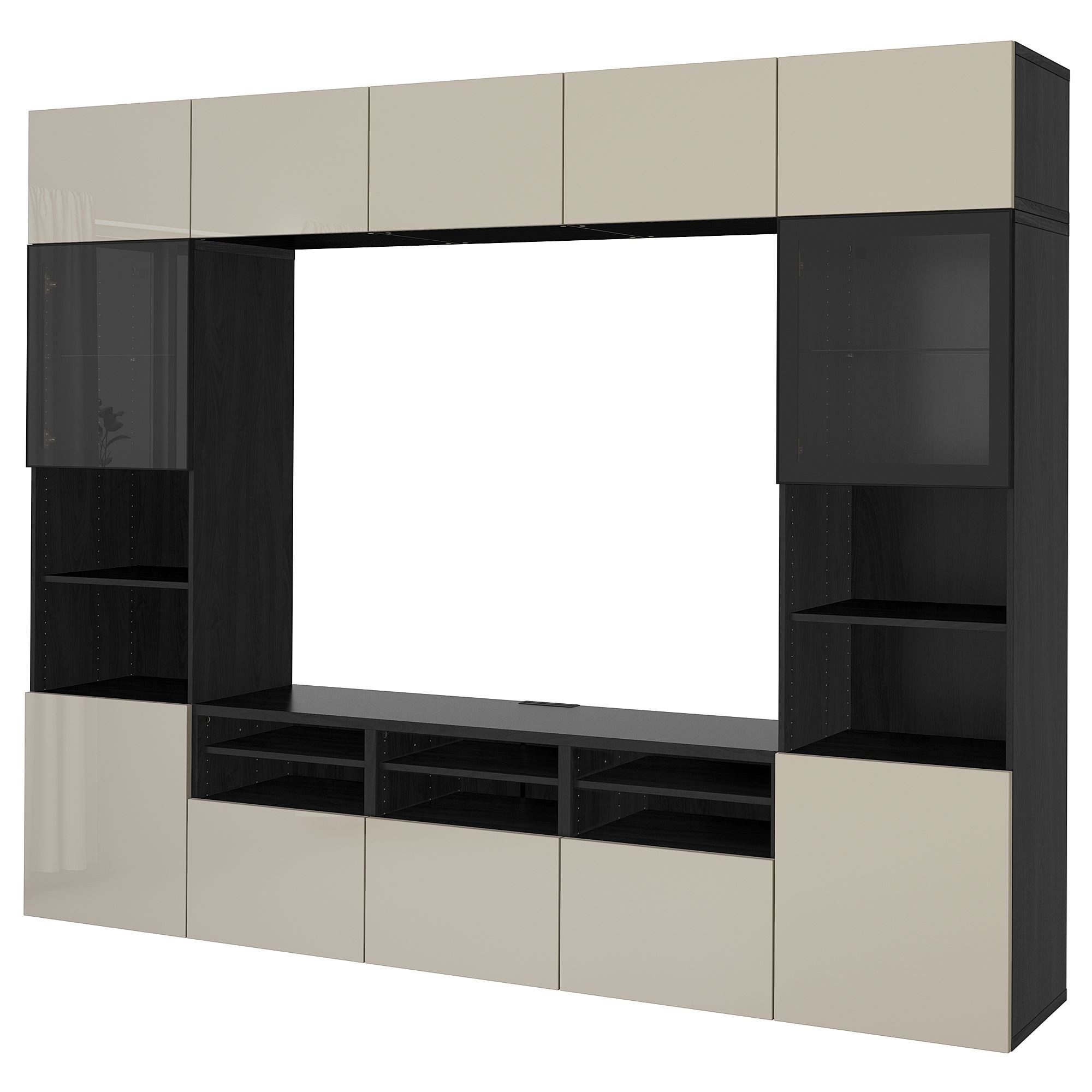 Tv ünitesi, venge-parlak cila-bej-şeffaf cam, 300x42x231 cm, SELSVIKEN/GLASSVIK, fren raylı