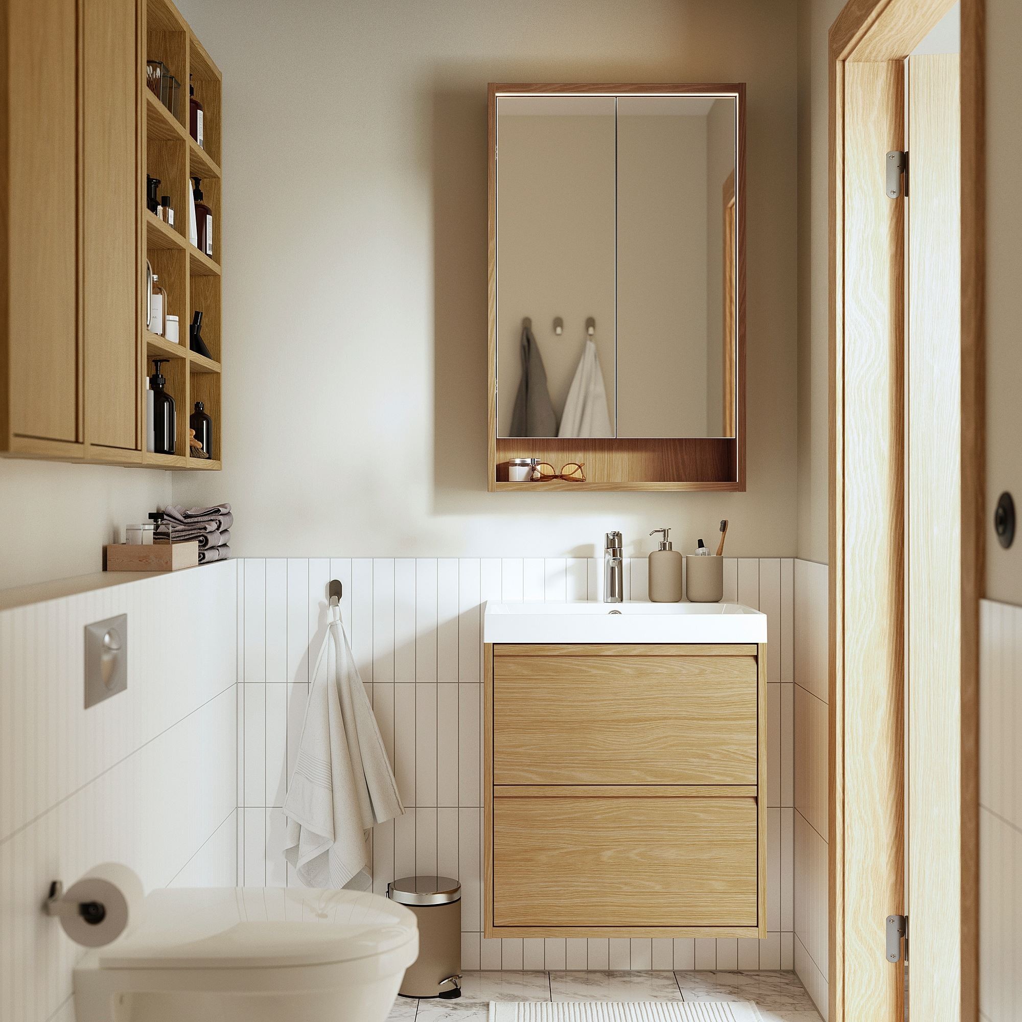 Lavabo dolabı kombinasyonu, meşe görünümlü, 60x48x69 cm, BROGRUND batarya