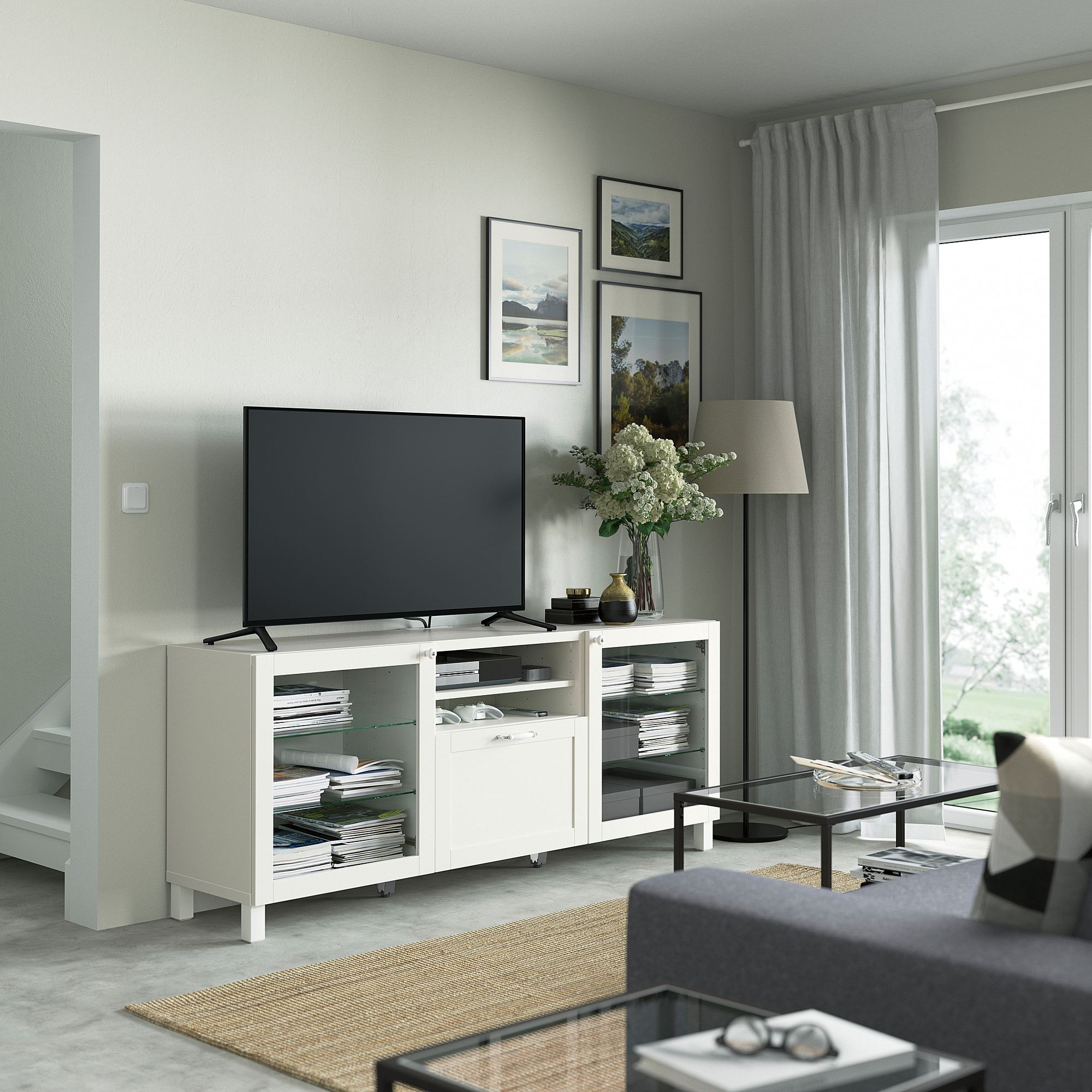 Tv sehpası, beyaz-şeffaf cam, 180x40x74 cm, HANVIKEN/SINDVIK, fren raylı