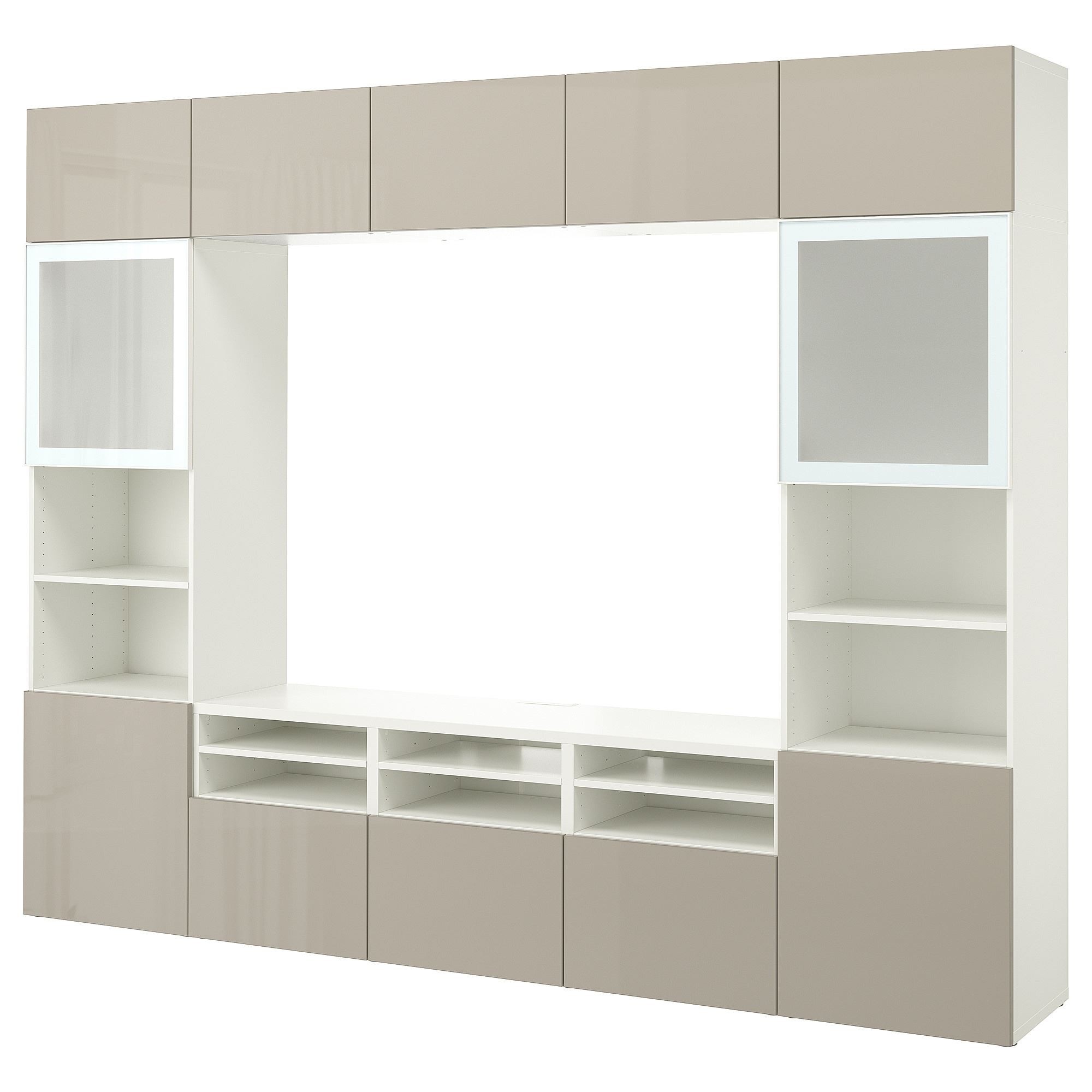 Tv ünitesi, beyaz-parlak cila-bej, 300x42x231 cm, SELSVIKEN/GLASSVIK, çıt çıt raylı