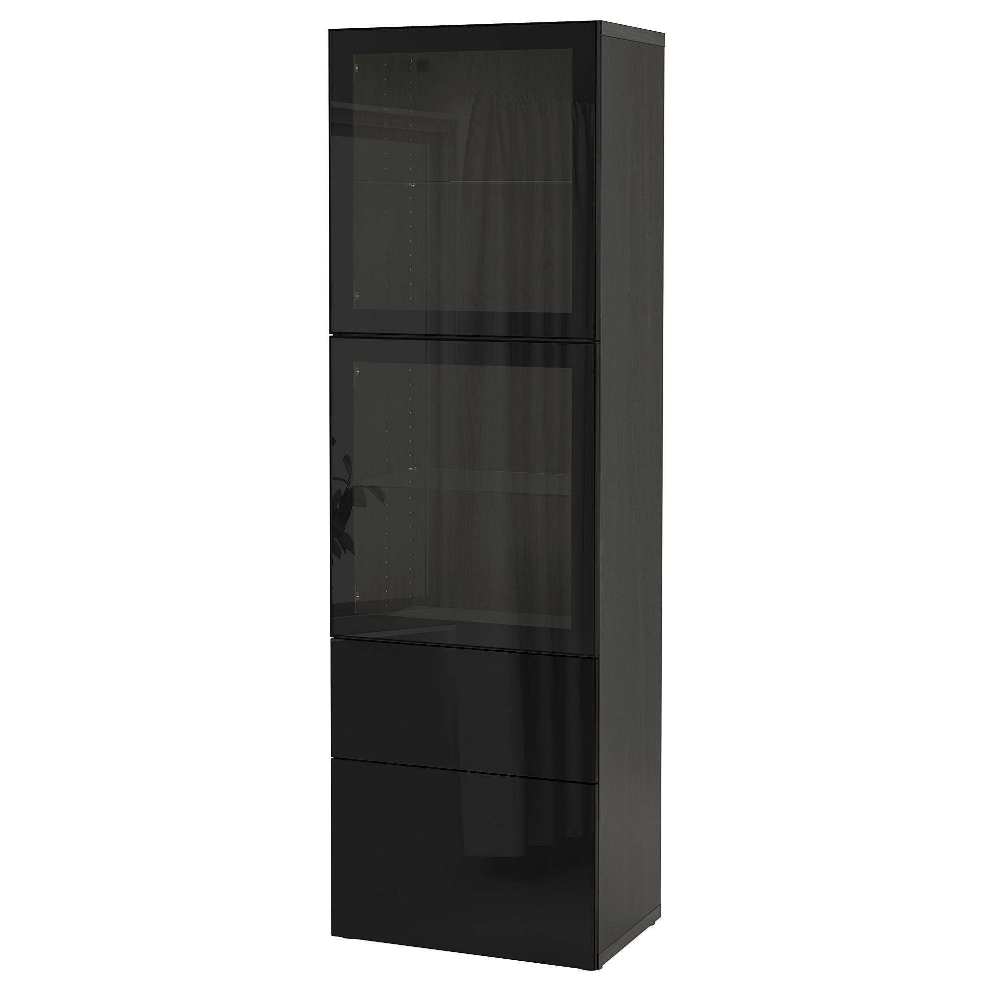 Dolap kombinasyonu, venge-siyah-şeffaf cam, 60x42x193 cm, SELSVIKEN/GLASSVIK, çıt çıt raylı