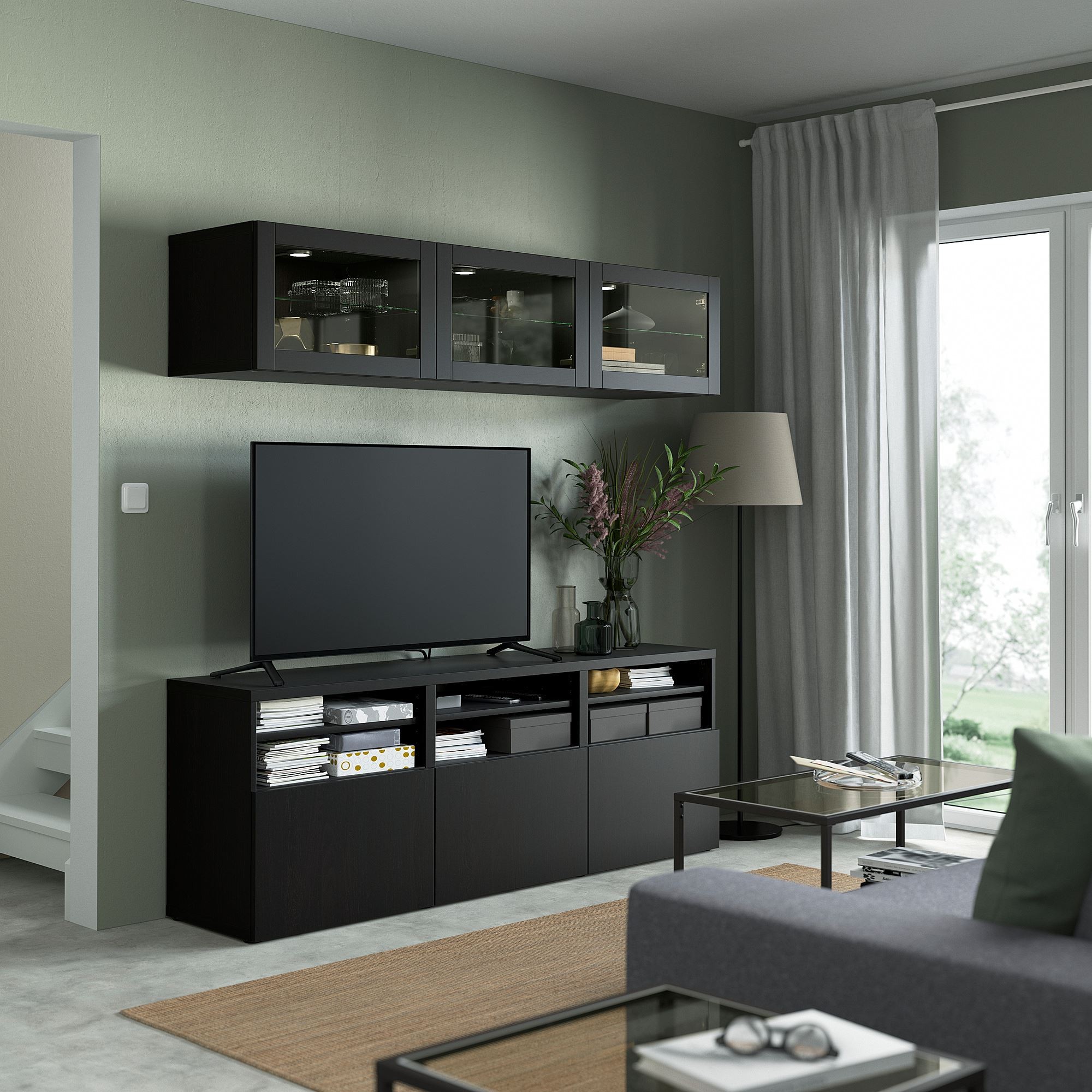 Tv ünitesi, venge-siyah-kahverengi-şeffaf cam, 180x42x192 cm, LAPPVIKEN/SINDVIK, fren raylı