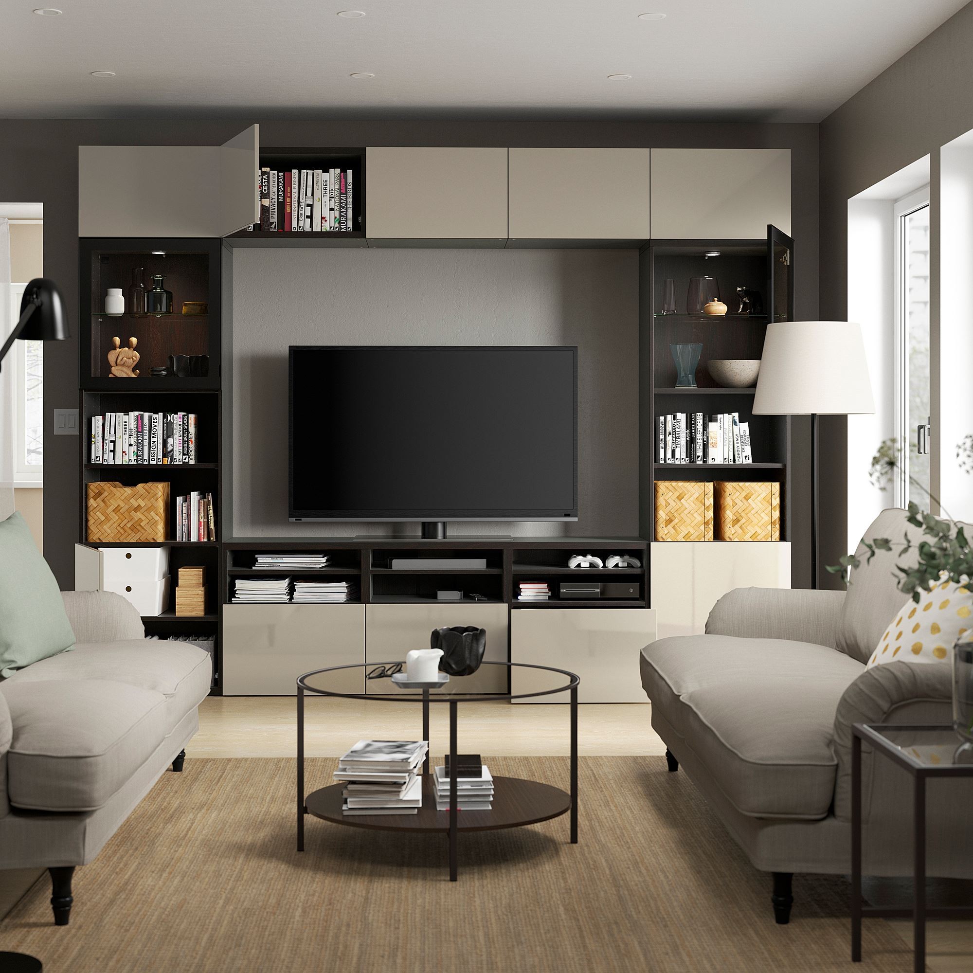 Tv ünitesi, venge-parlak cila-bej-şeffaf cam, 300x42x231 cm, SELSVIKEN/GLASSVIK, fren raylı
