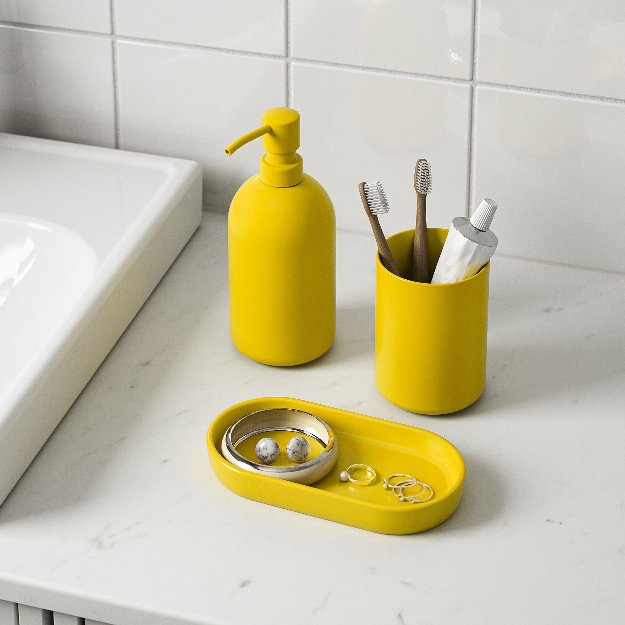 Banyo seti, parlak sarı, 3 parça