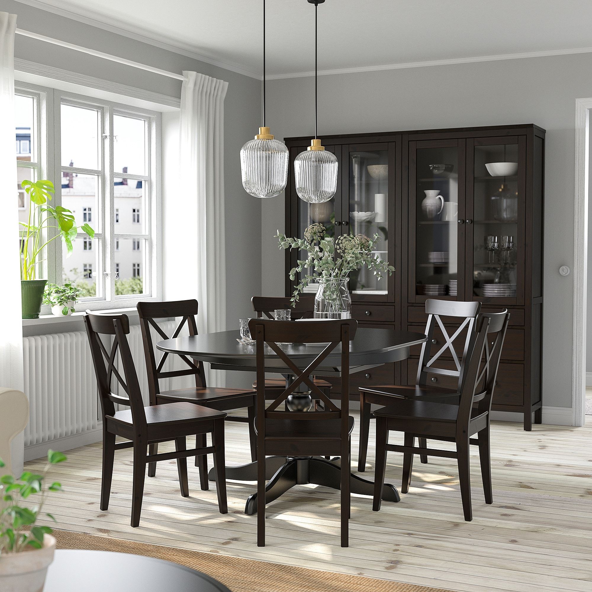 Yemek masası takımı, siyah, 6 sandalyeli, açılabilir