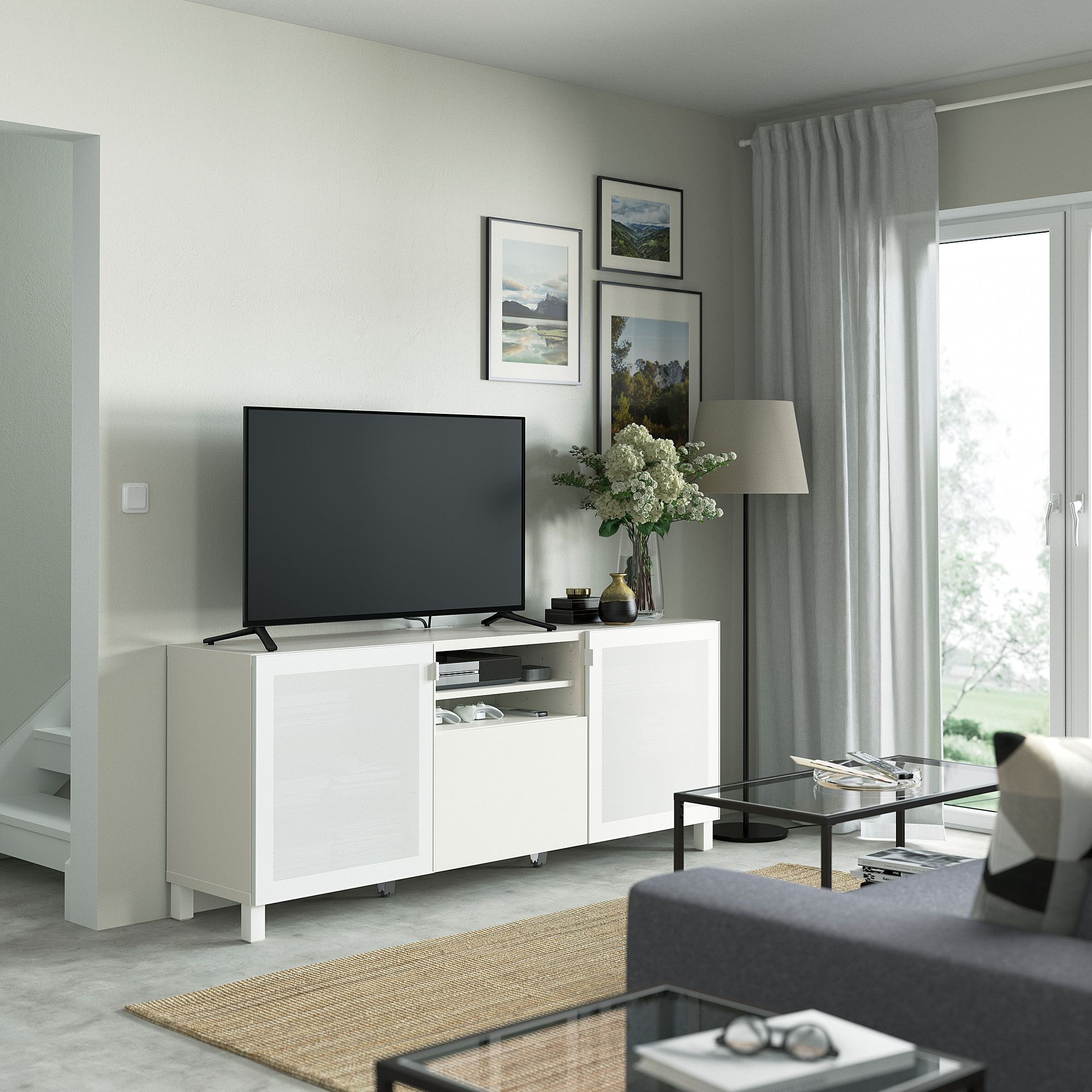 Tv sehpası, beyaz, 180x42x74 cm, LAPPVIKEN/MORTVIKEN, çıt çıt raylı