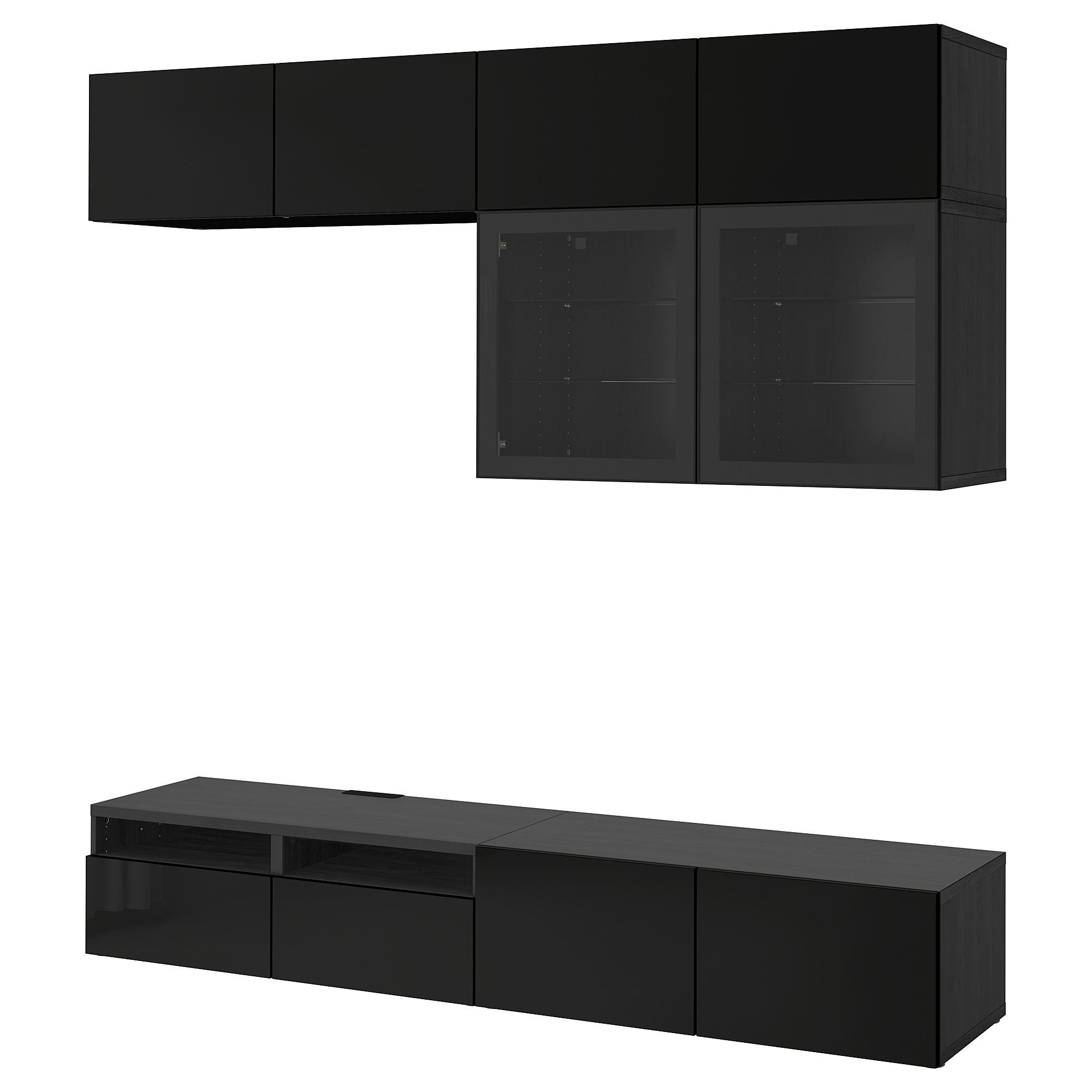 Tv ünitesi, venge-parlak cila-siyah-şeffaf cam, 240x42x231 cm, GLASSVIK/SELSVIKEN, fren raylı