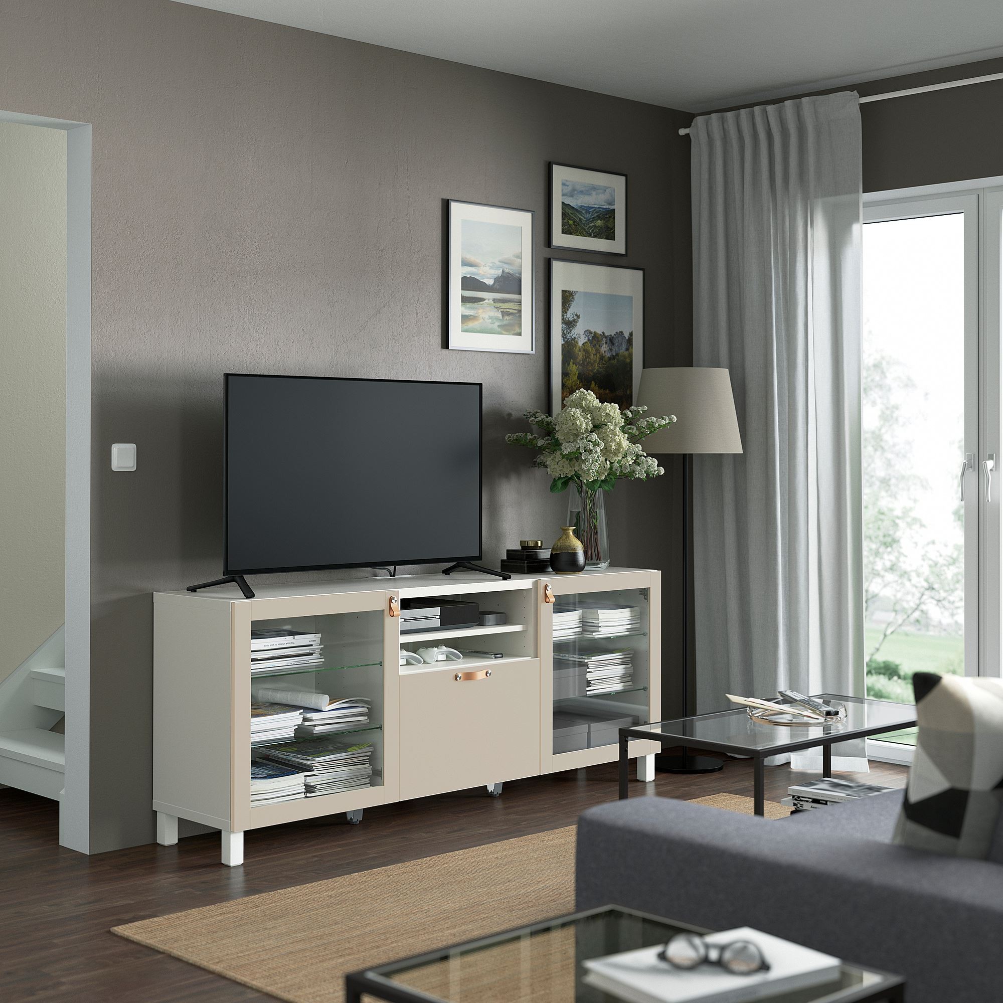 Tv sehpası, beyaz-açık gri-bej, 180x42x74 cm, LAPPVIKEN/SINDVIK, fren raylı