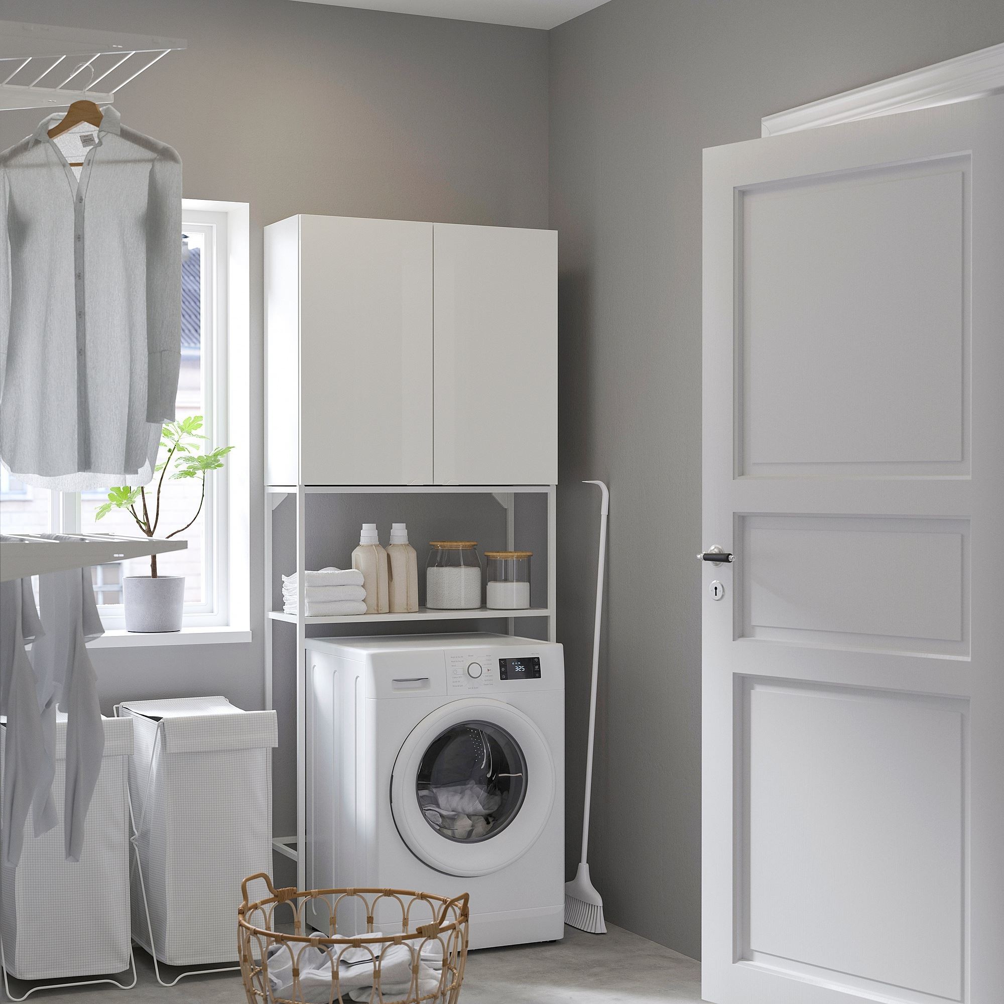 Çamaşır odası ve banyo için raf kombinasyonu, beyaz-parlak cila beyaz, 80x32x204 cm
