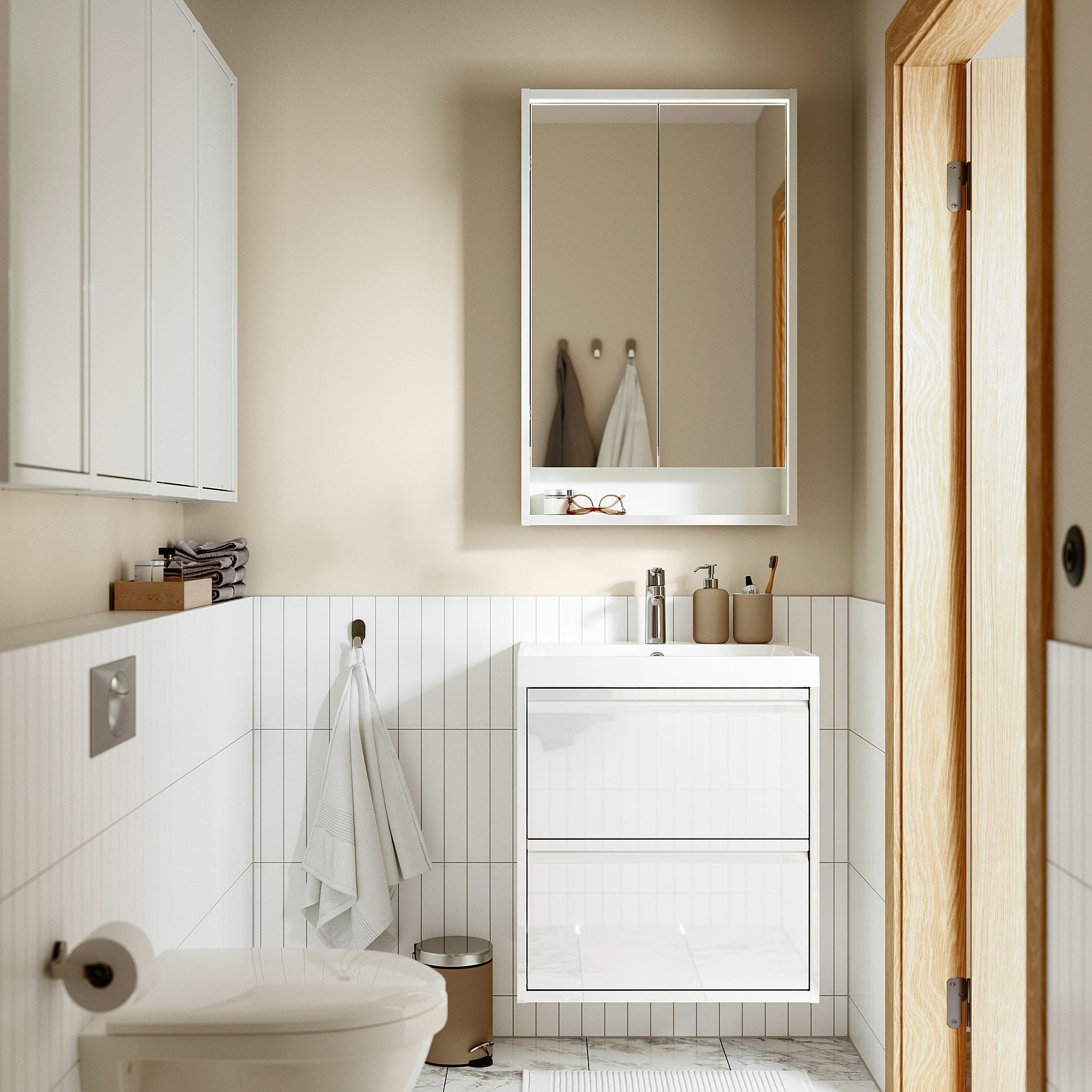 Lavabo dolabı kombinasyonu, parlak cila beyaz, 60x48x69 cm, BROGRUND batarya