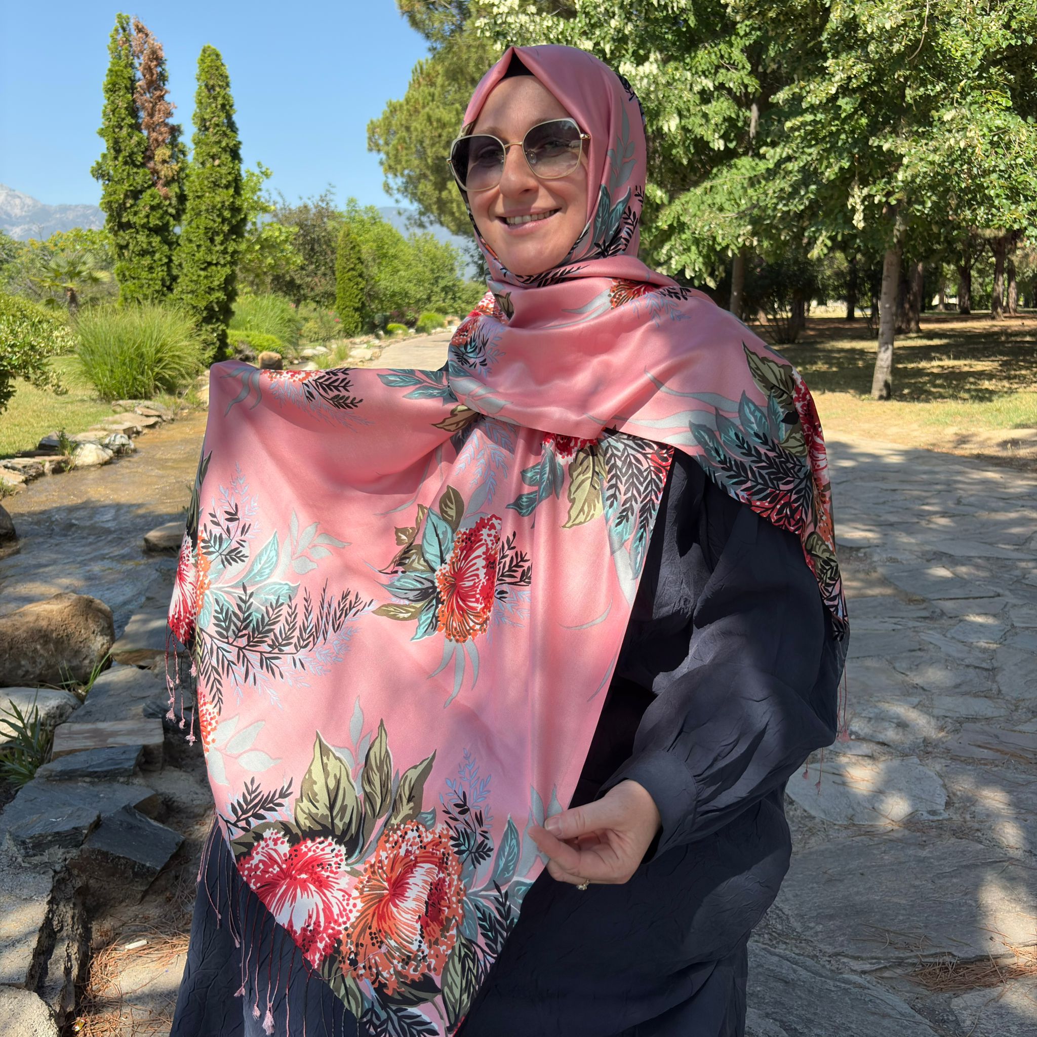 Puslu Pembe Ay Işığı Desenli İpek Şal