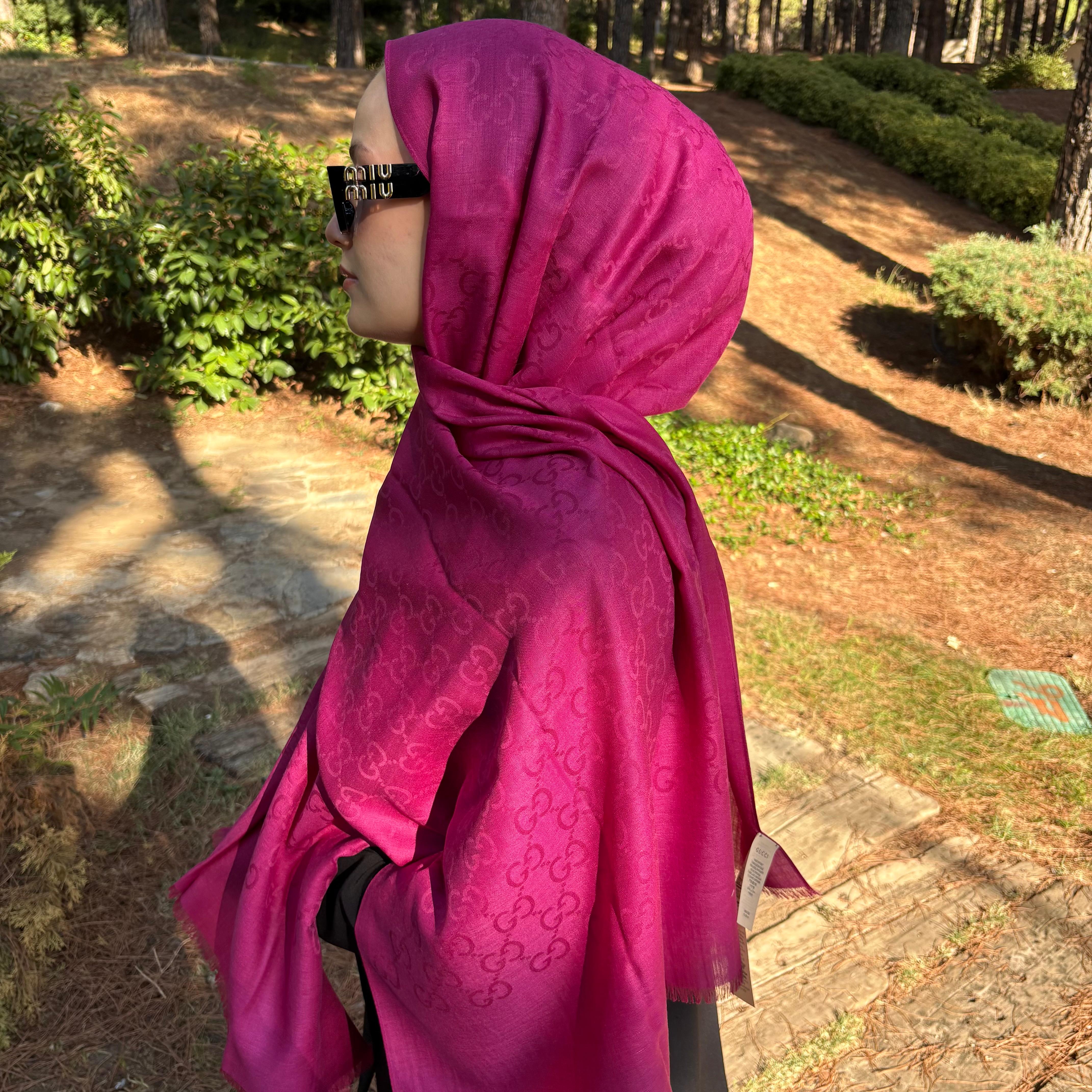 A Kalite İthal Yün İpek G Desen Şal Fuşya Pembesi