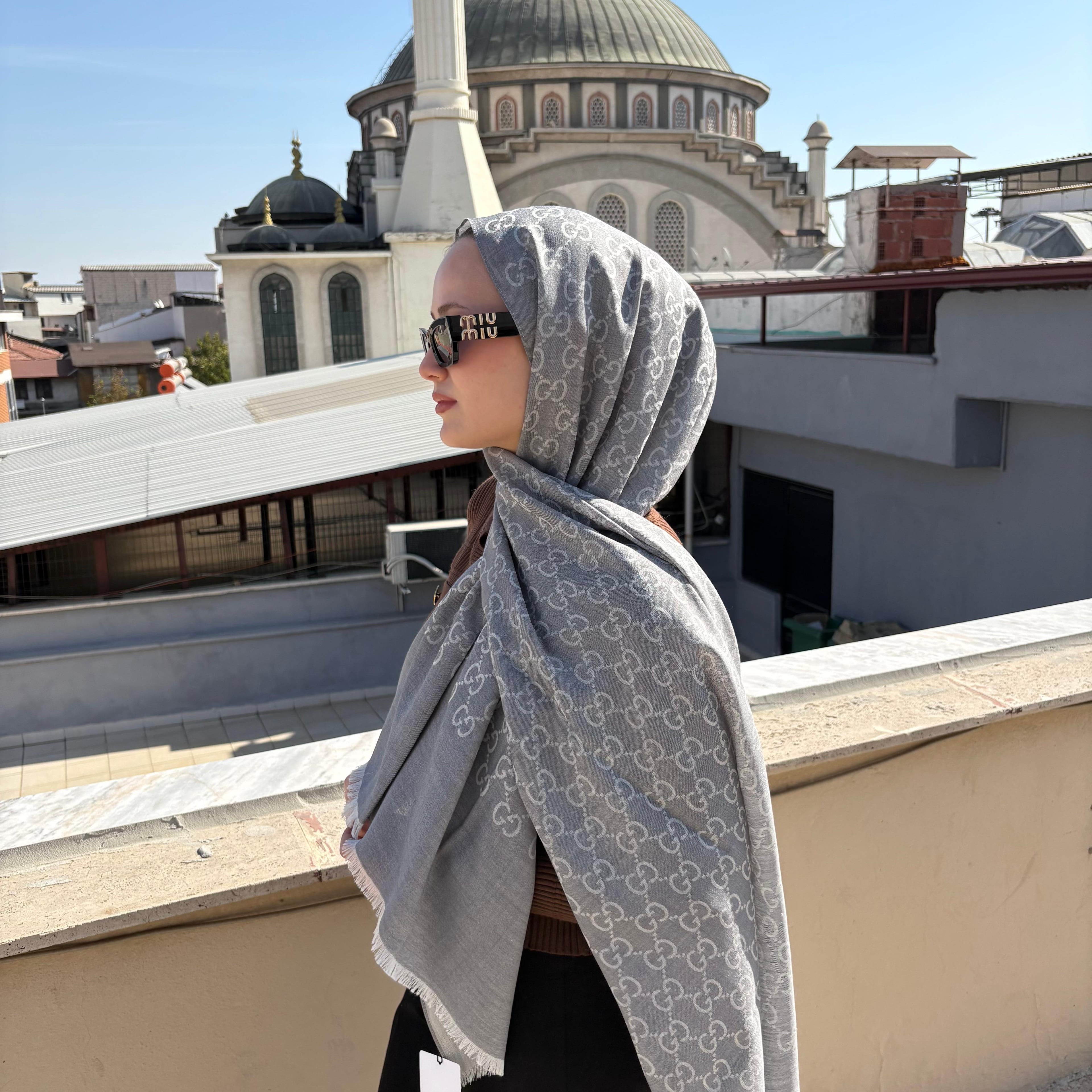 A Kalite Yün İpek G Desen Gri Şal