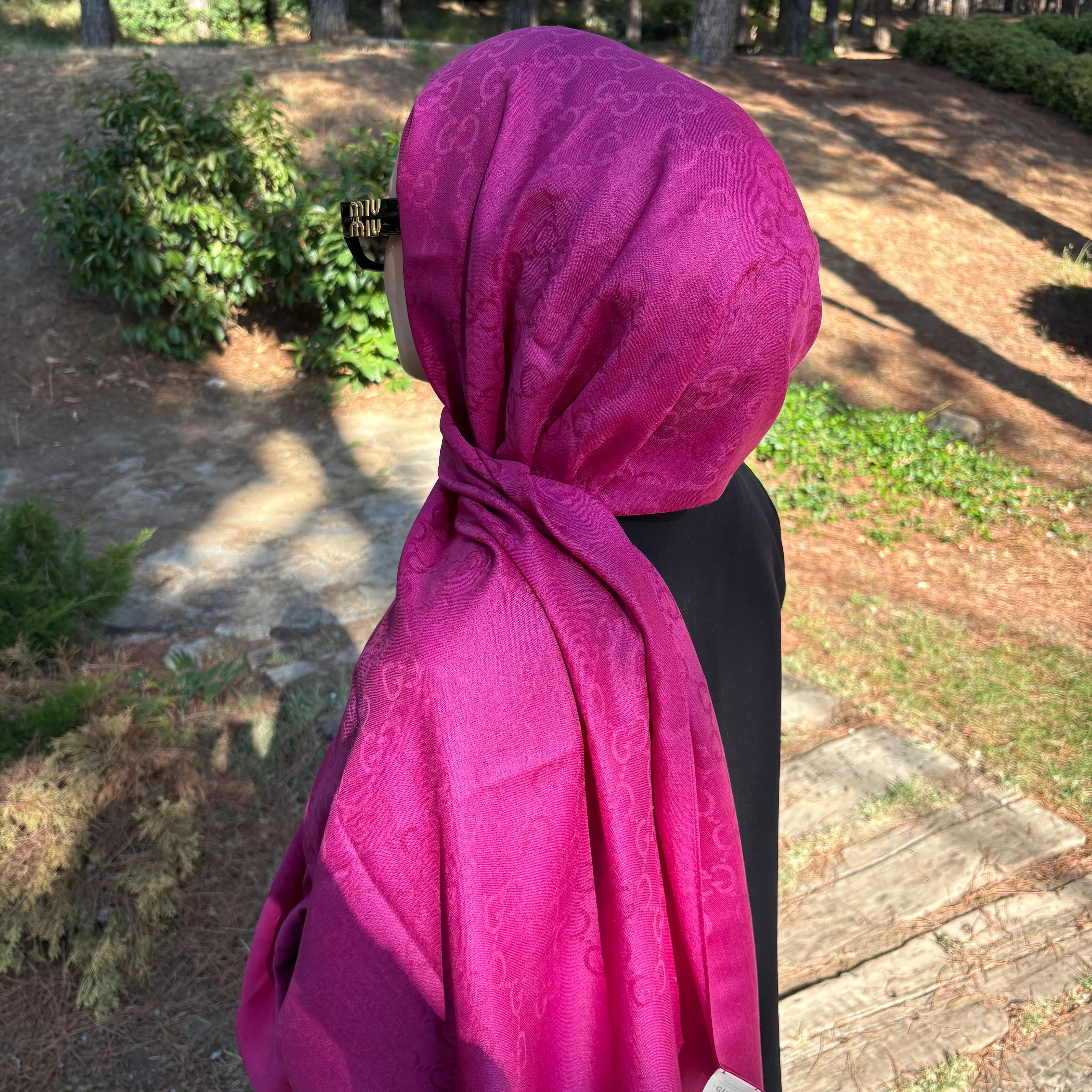 A Kalite İthal Yün İpek G Desen Şal Fuşya Pembesi