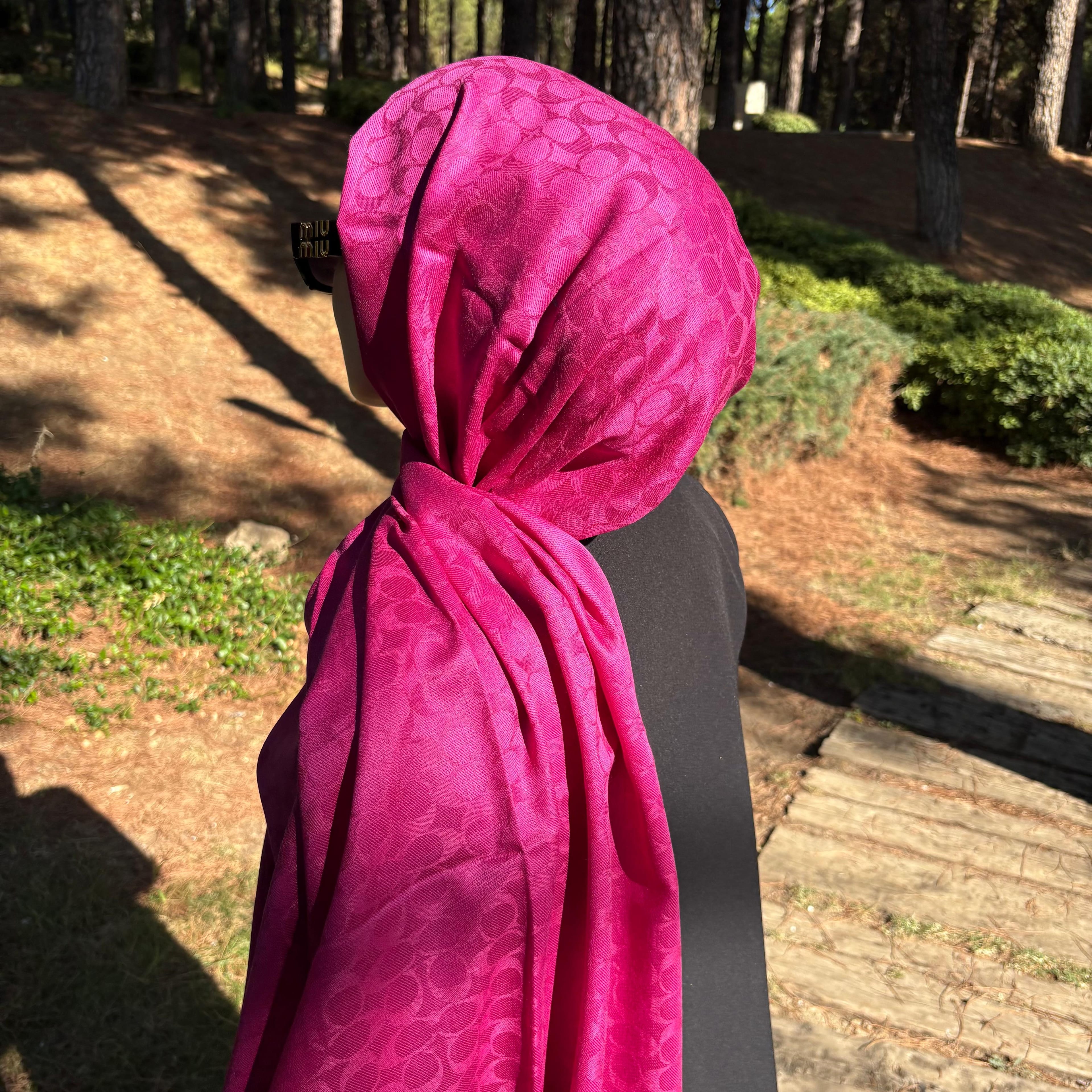 A Kalite İthal Yün İpek C Desen Fuşya Pembesi Şal