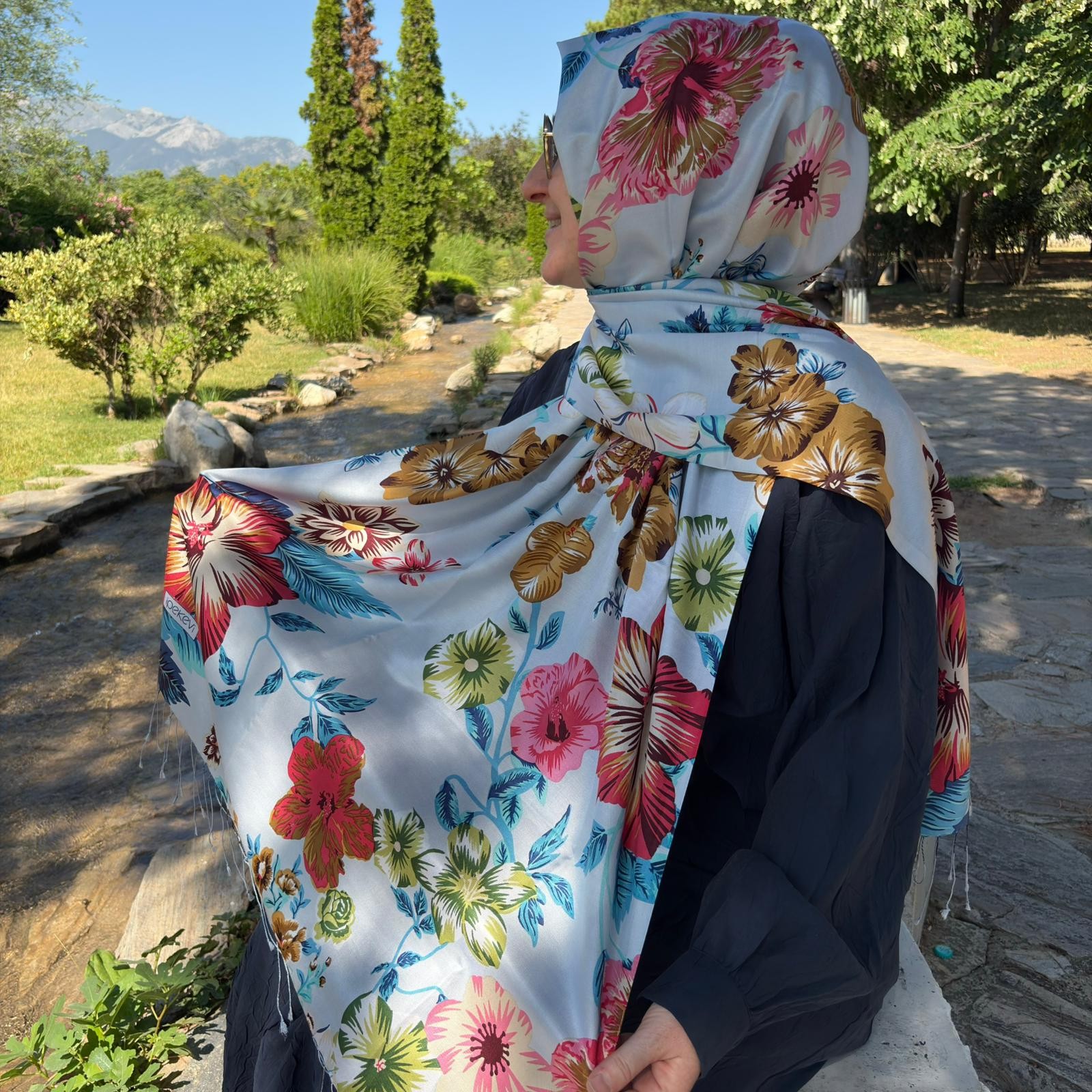 Floral Desenli İpek Şal-Bebe Mavisi