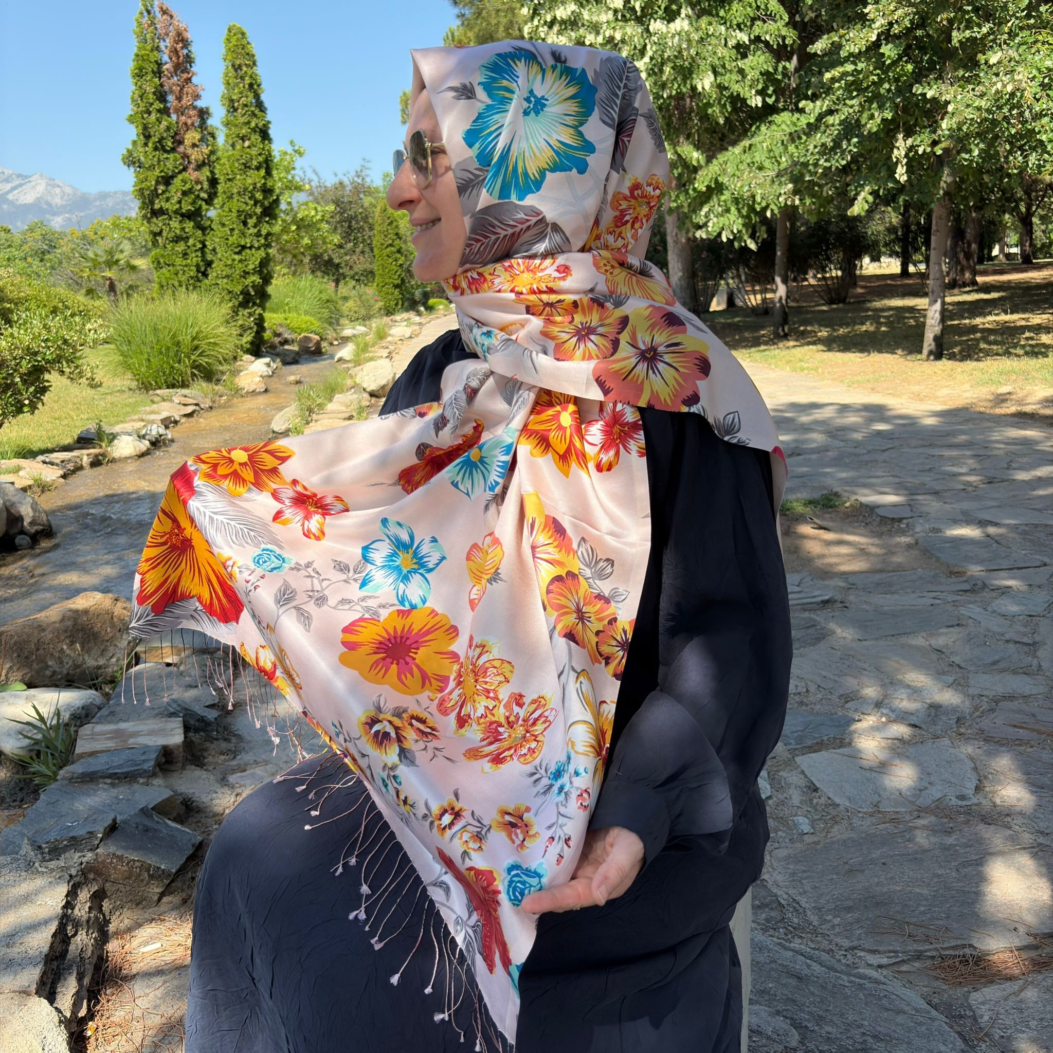 Pudra Petunya Desenli İpek Şal