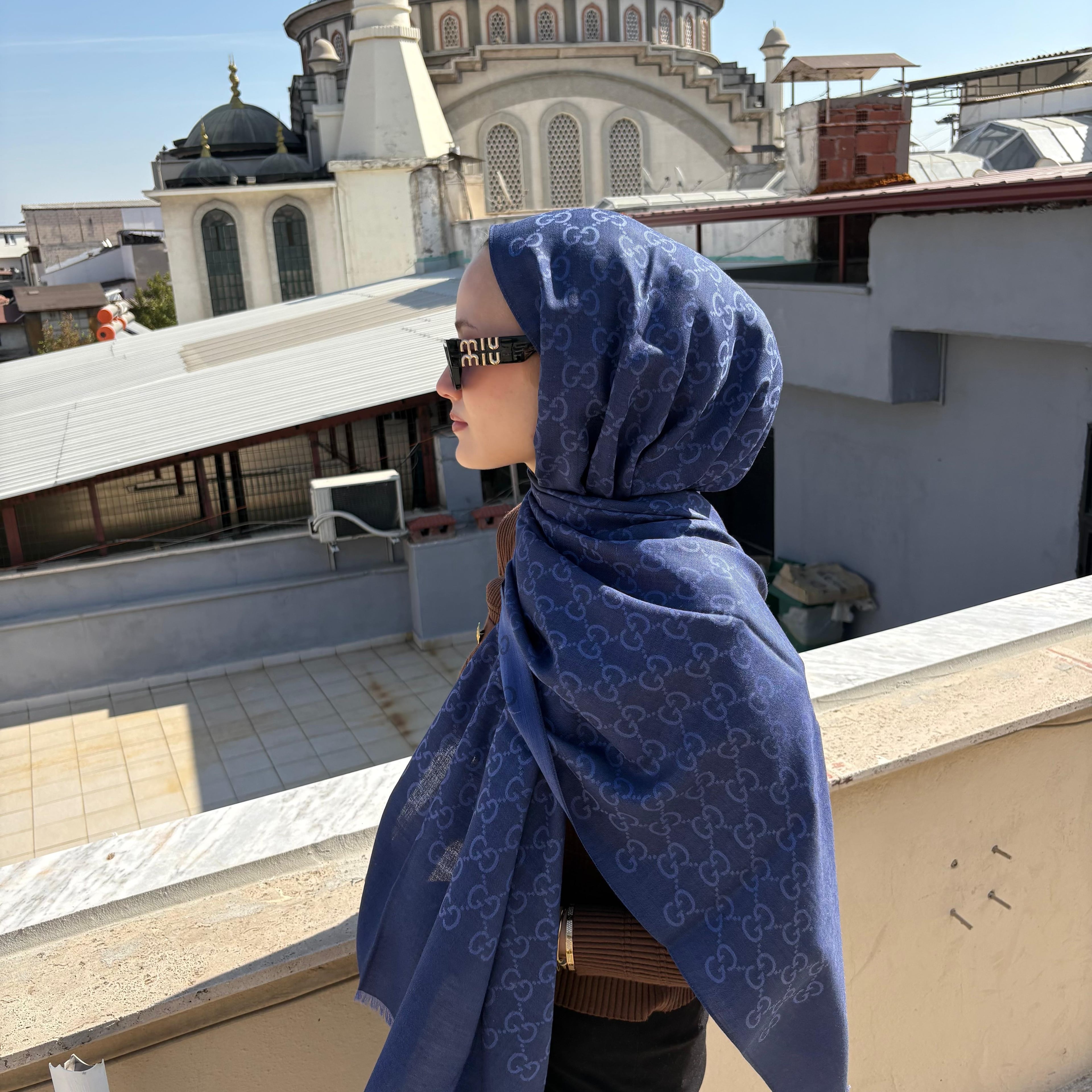 A Kalite Yün İpek G Desen Lacivert Şall