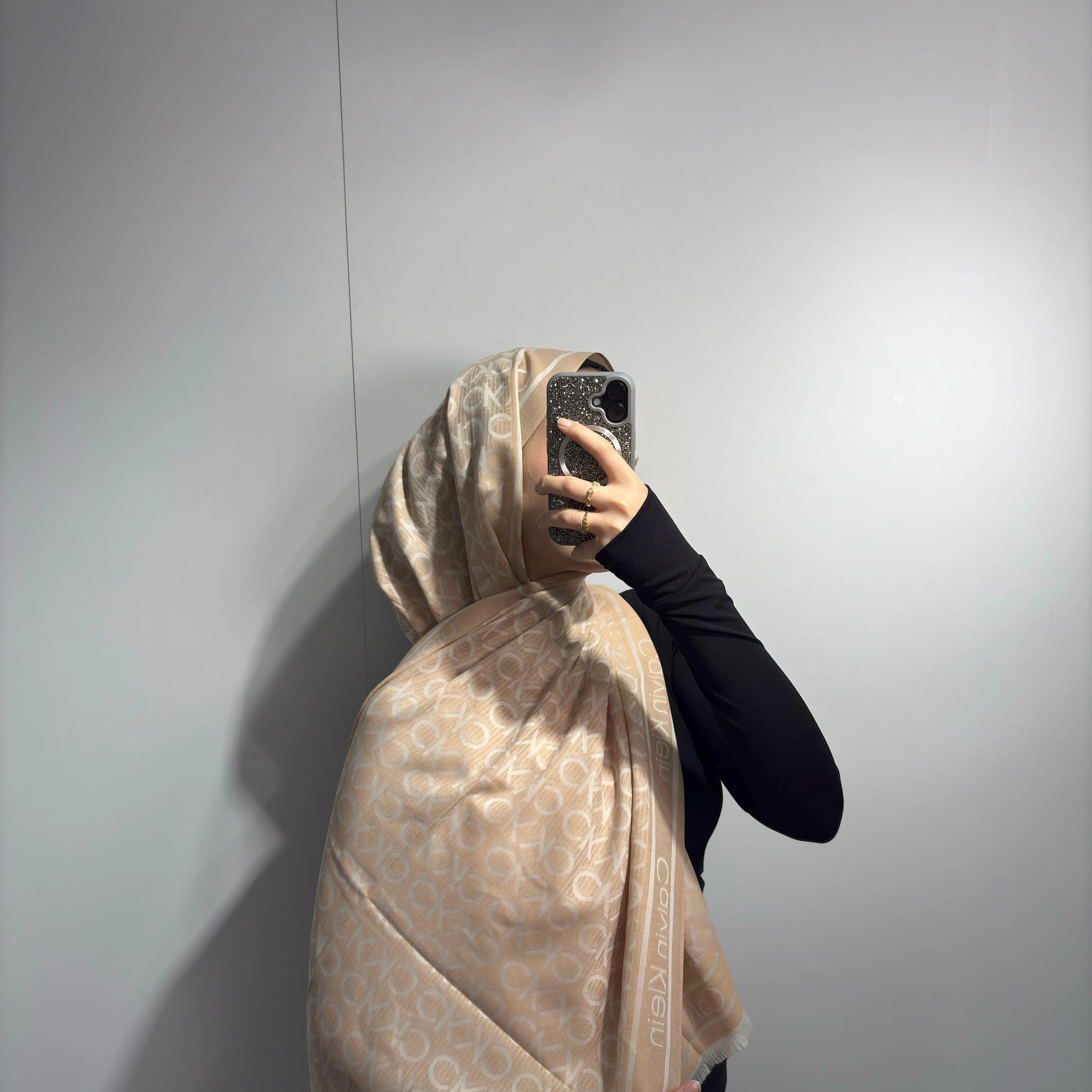 CK Desen Pamuk-İpek İthal Şal - Açık Bej