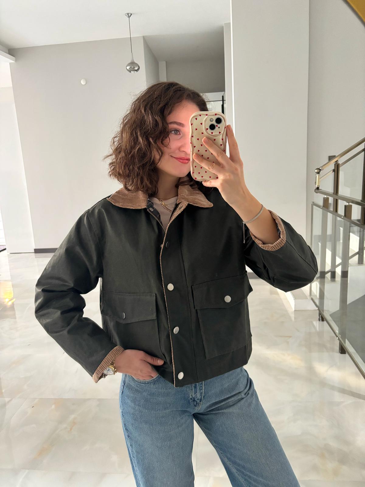 Kadife Yaka Özel Dokulu Ceket - Haki